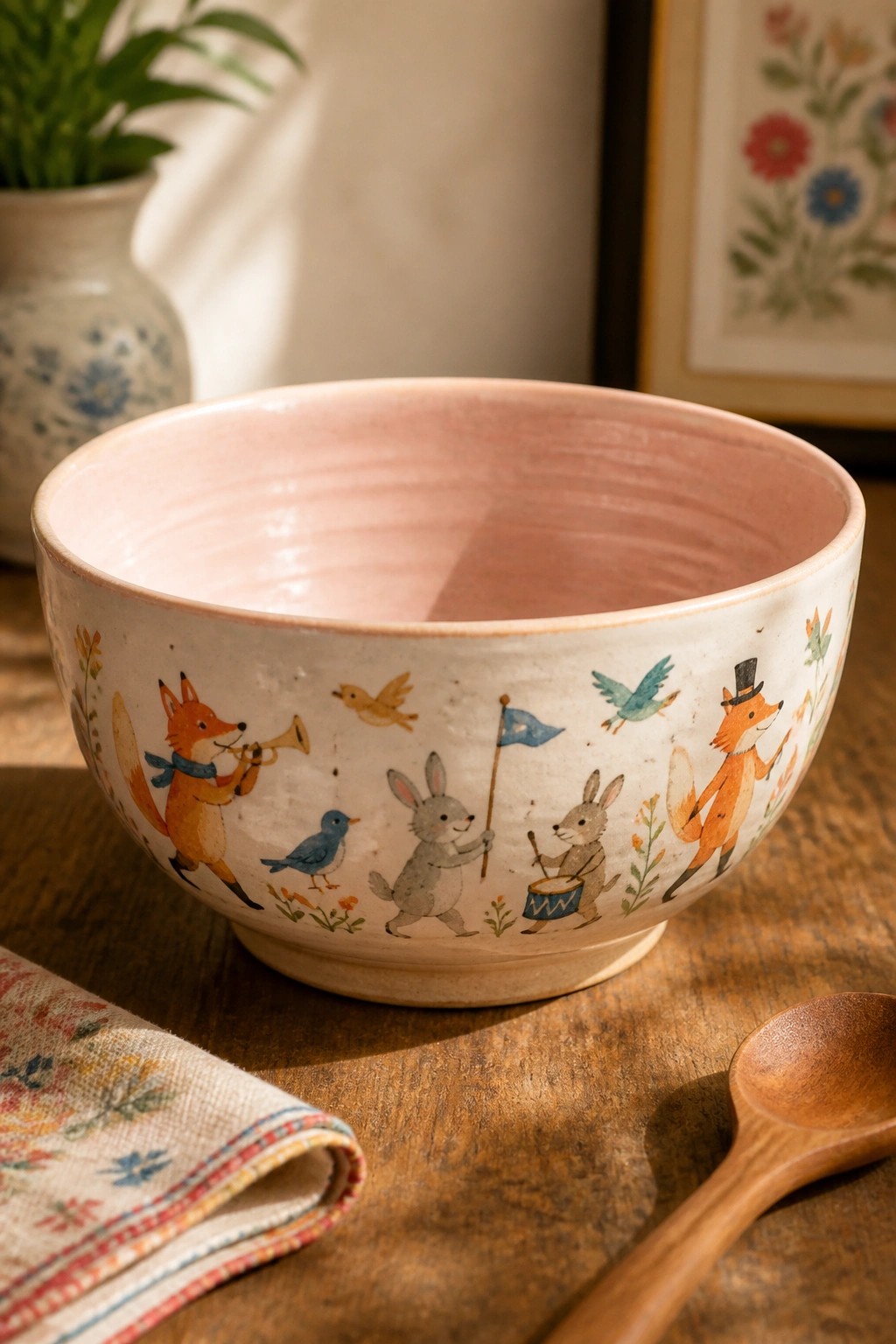 Ceramic bowl with pink interior, fox and rabbit illustrations on wooden table beside spoon