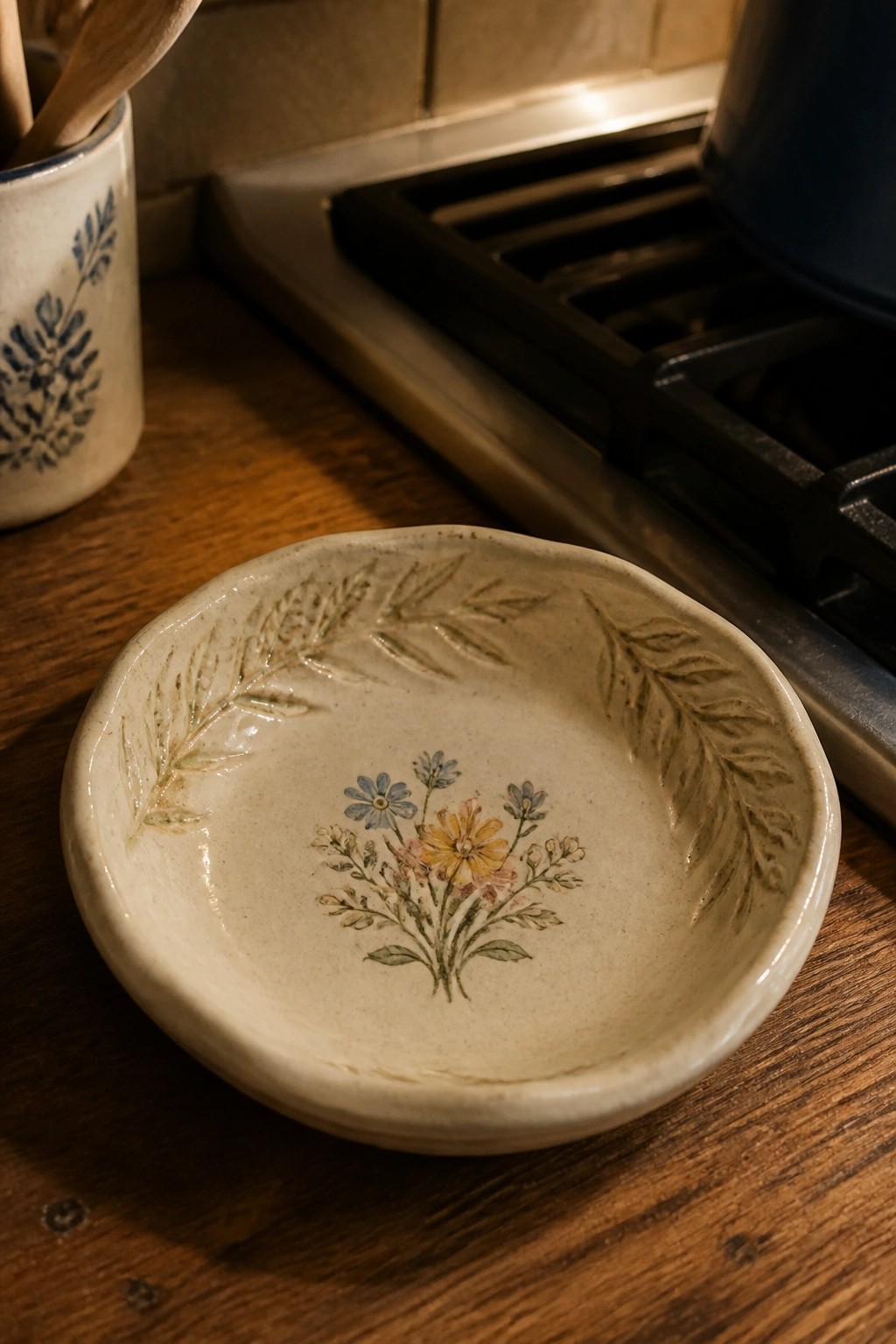 Ceramic bowl with colorful floral bouquet and embossed leaves on wooden counter.