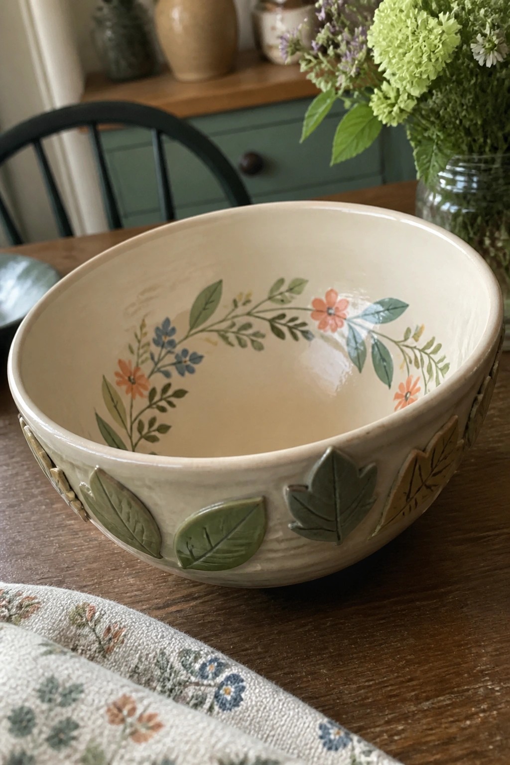 Cream bowl with painted floral wreath and raised green leaf accents on wooden table