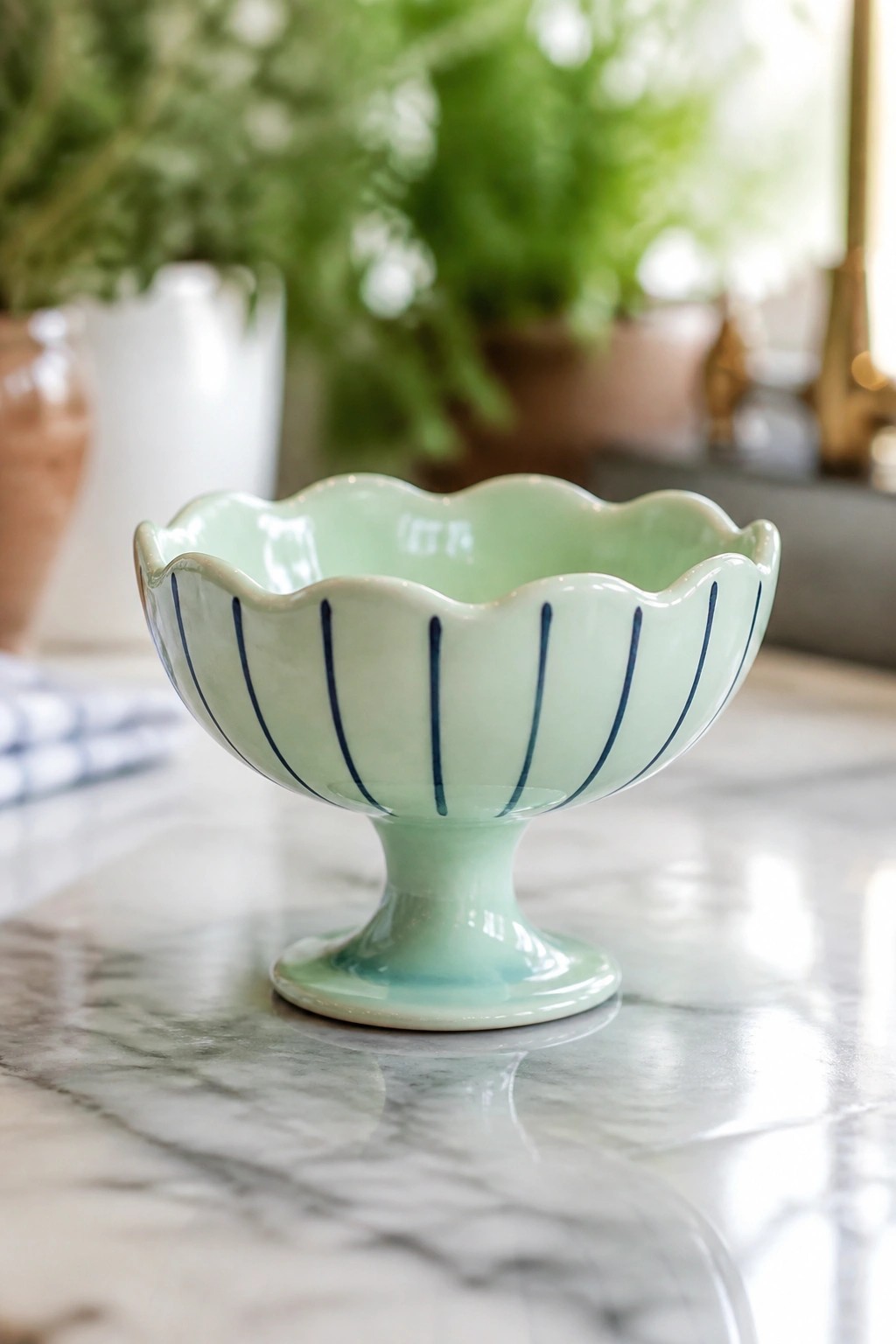 Light green scalloped ceramic pedestal bowl with blue stripes on marble counter.
