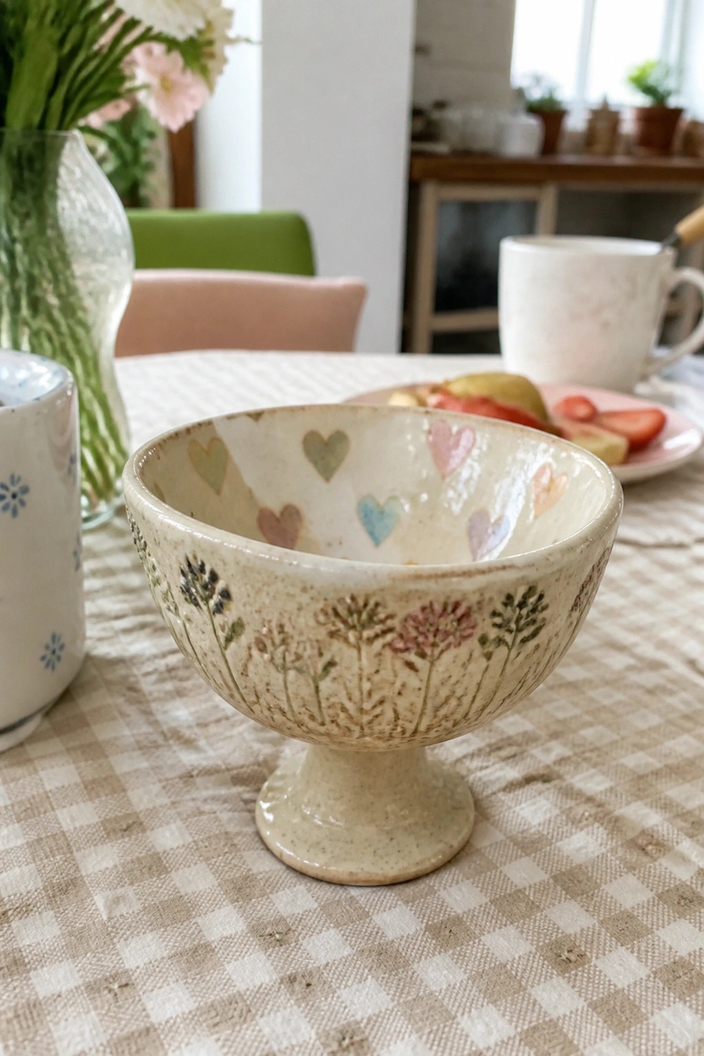 Cream ceramic pedestal bowl with pastel hearts and floral patterns on checkered cloth