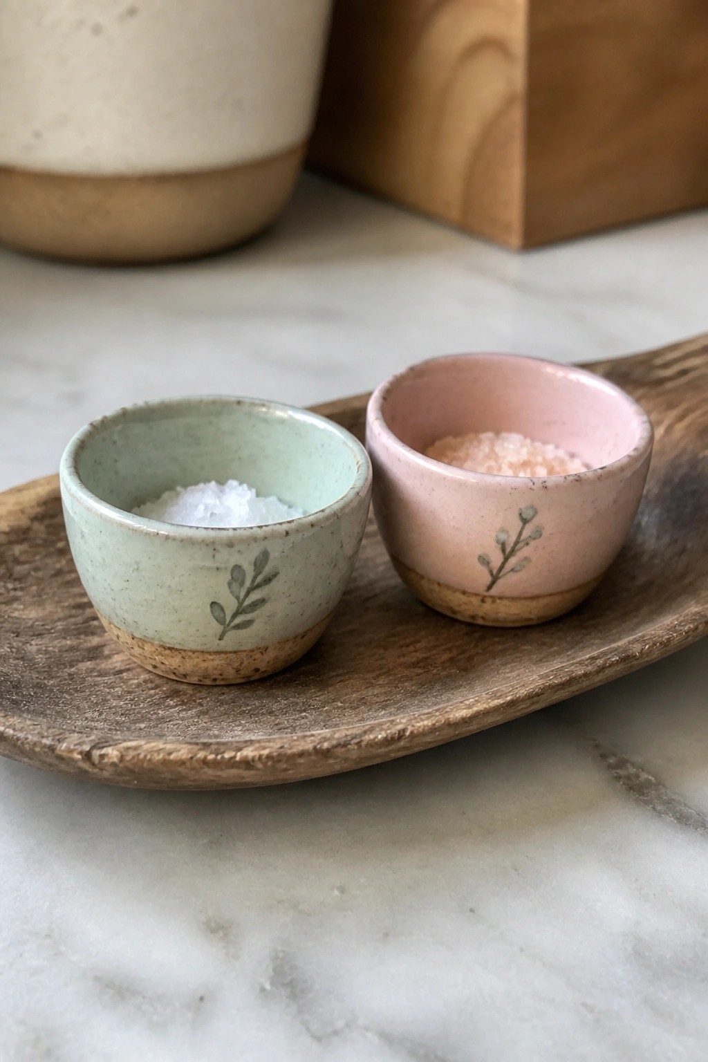 Two small ceramic bowls, green and pink, with salt on wooden tray.