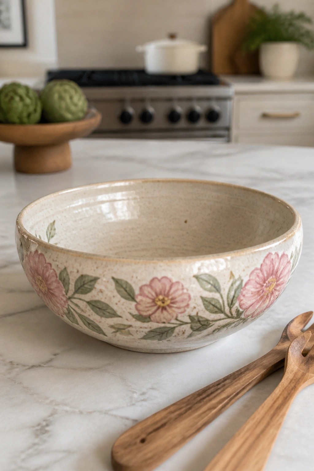 Ceramic bowl with pink flowers and leaves beside wooden salad servers on marble countertop