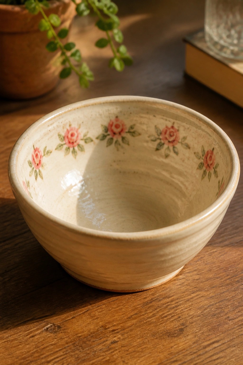 Cream-colored ceramic bowl with pink rose pattern on wooden table near plant