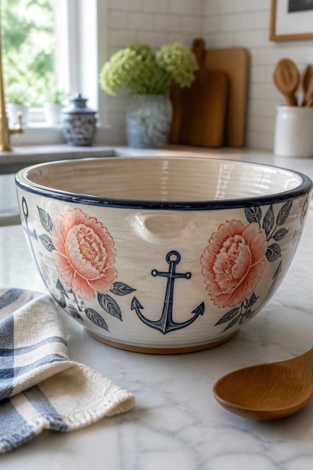 Large white bowl with blue anchors and pink peonies on marble counter