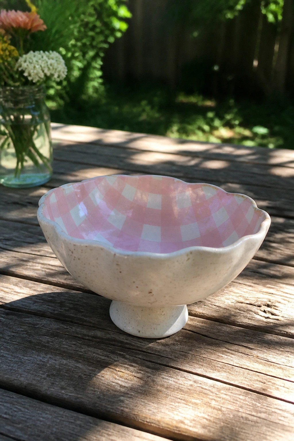 Pink gingham pedestal bowl on wooden outdoor table with flowers nearby