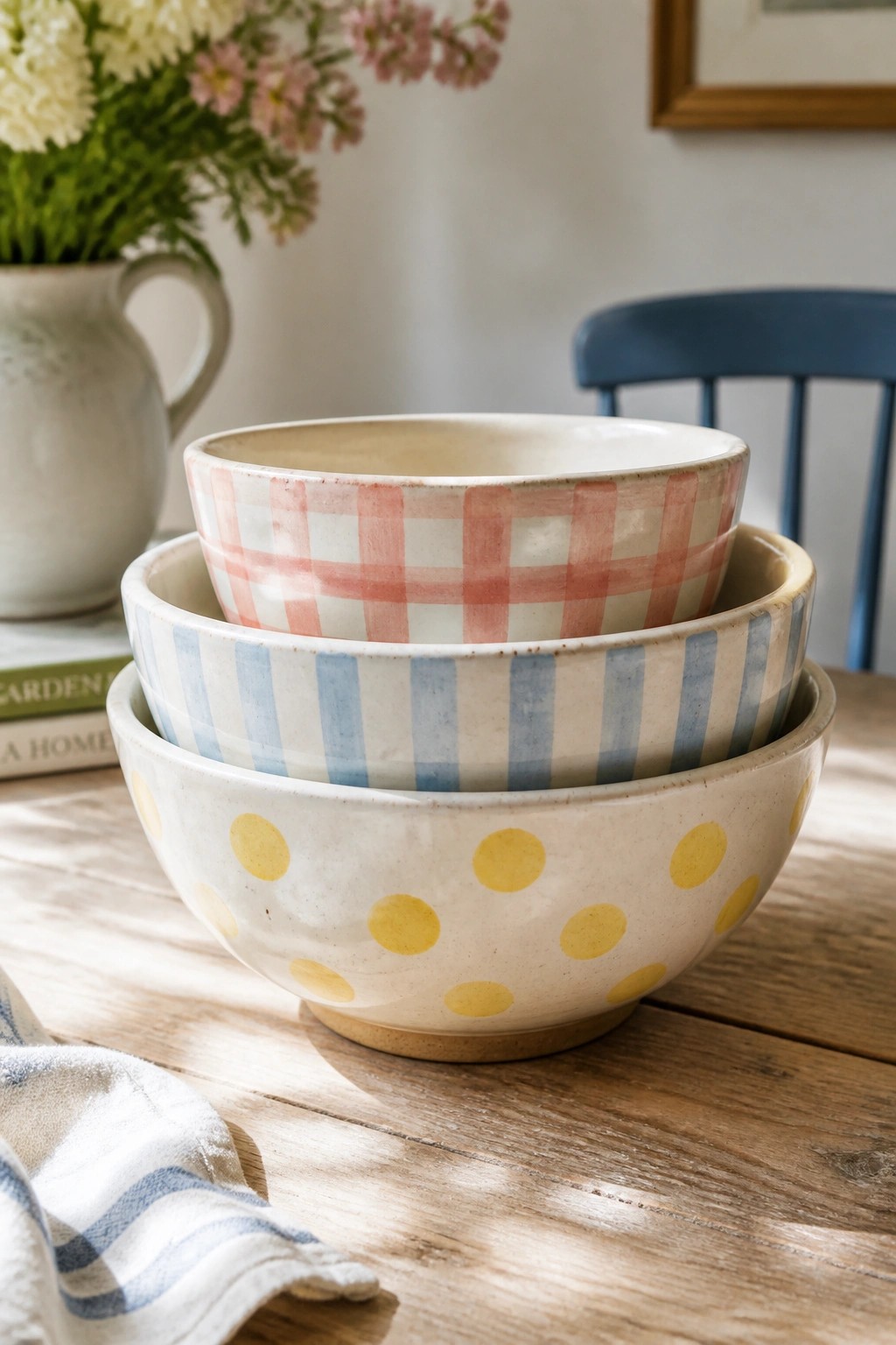 Stacked ceramic bowls with gingham, stripes, and polka dots on wooden table.