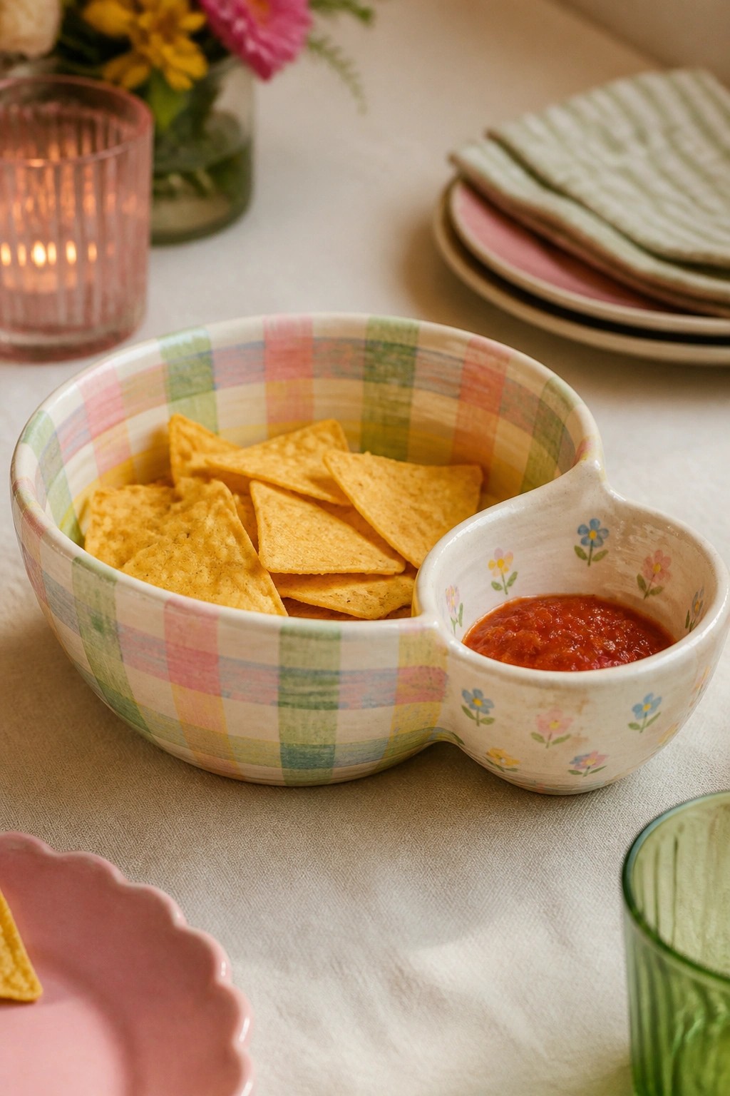 Colorful gingham bowl with tortilla chips beside floral salsa dip compartment.