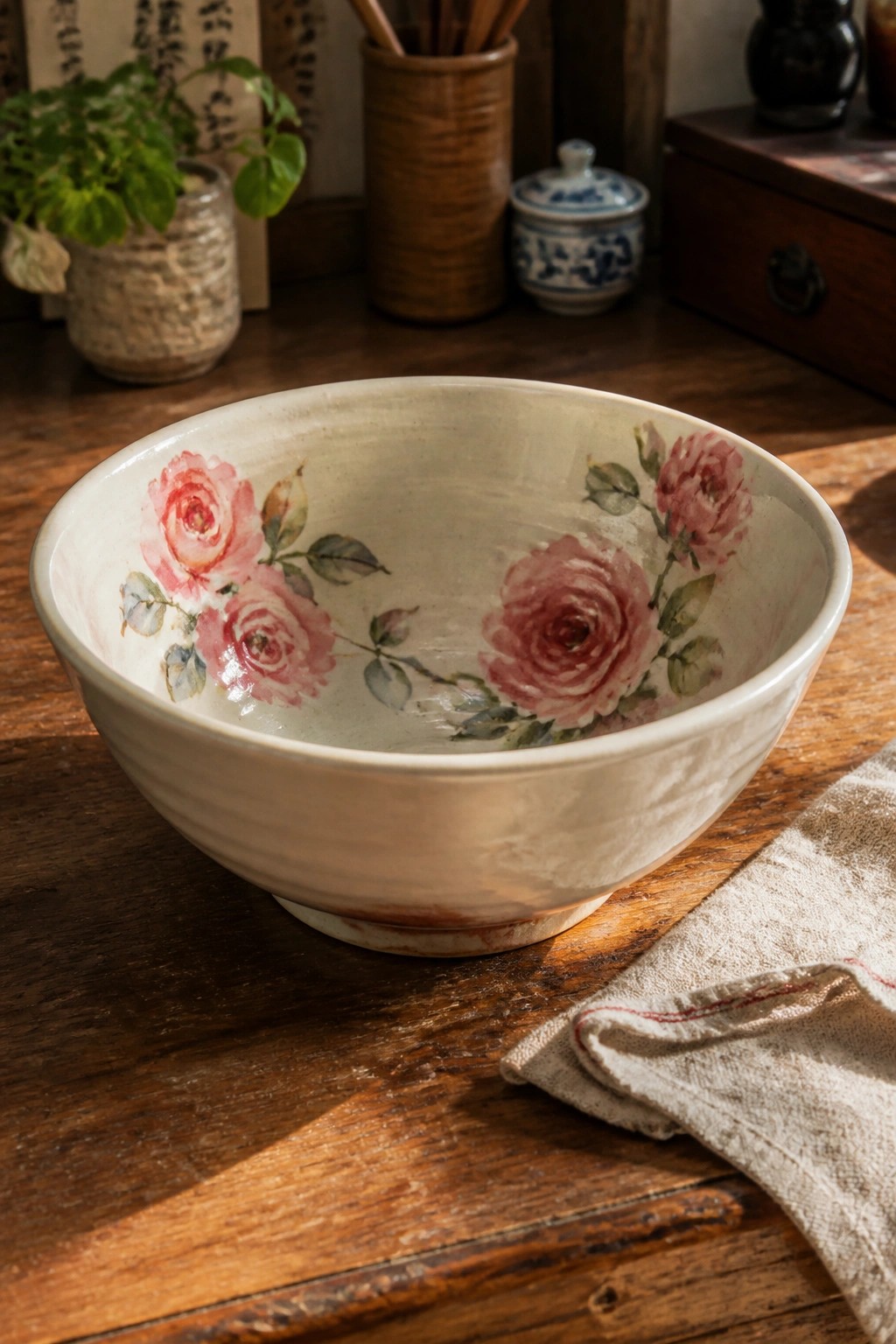 Cream ceramic bowl with pink roses on rustic wooden table beside linen cloth