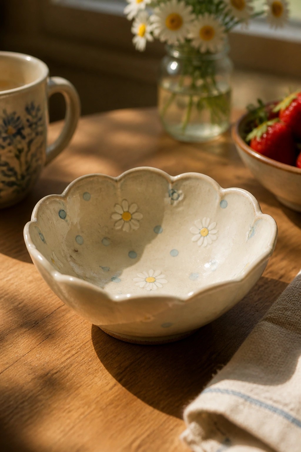 Scalloped cream bowl with blue dots and daisies on wooden table near strawberries