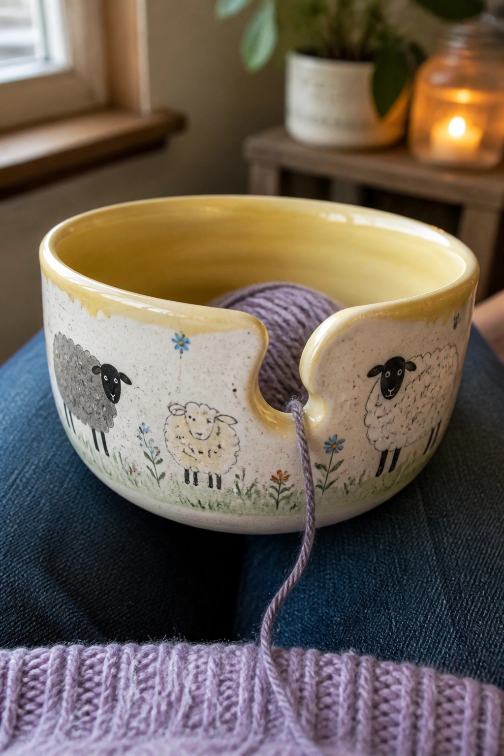 Ceramic sheep-patterned yarn bowl with purple yarn on denim lap beside knitting