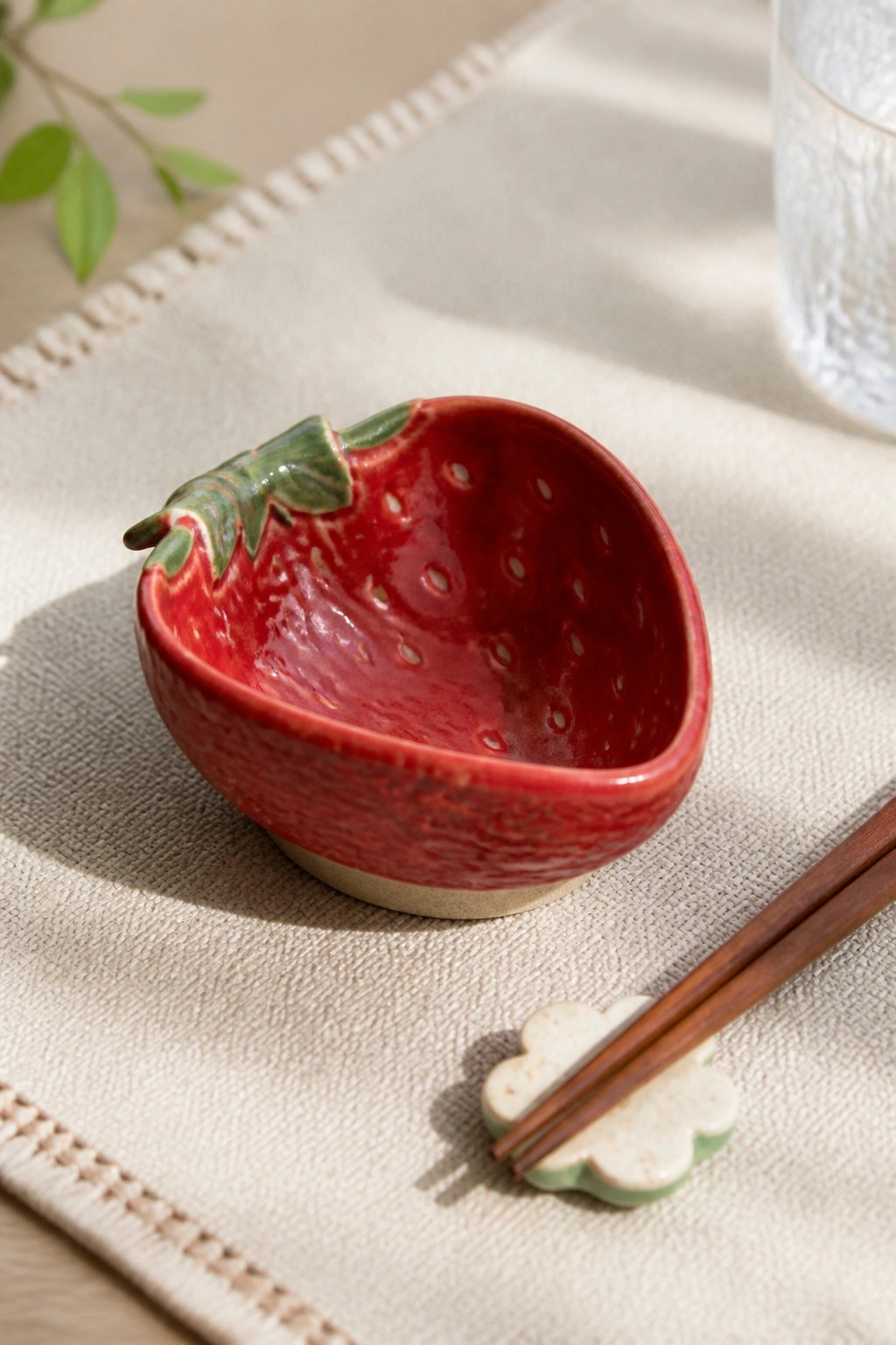 Red strawberry ceramic bowl beside chopsticks on cloud-shaped rest atop beige cloth