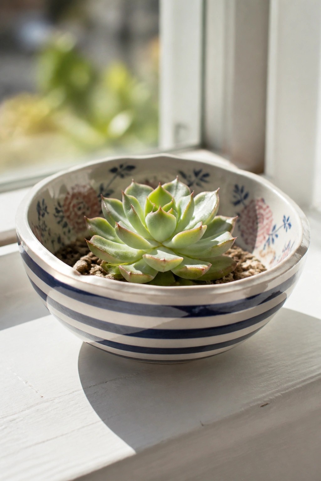 Green succulent in blue-striped floral bowl on white windowsill in sunlight.