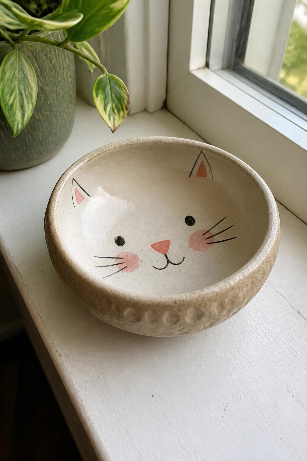 Ceramic bowl with cat face design beside potted plant on windowsill