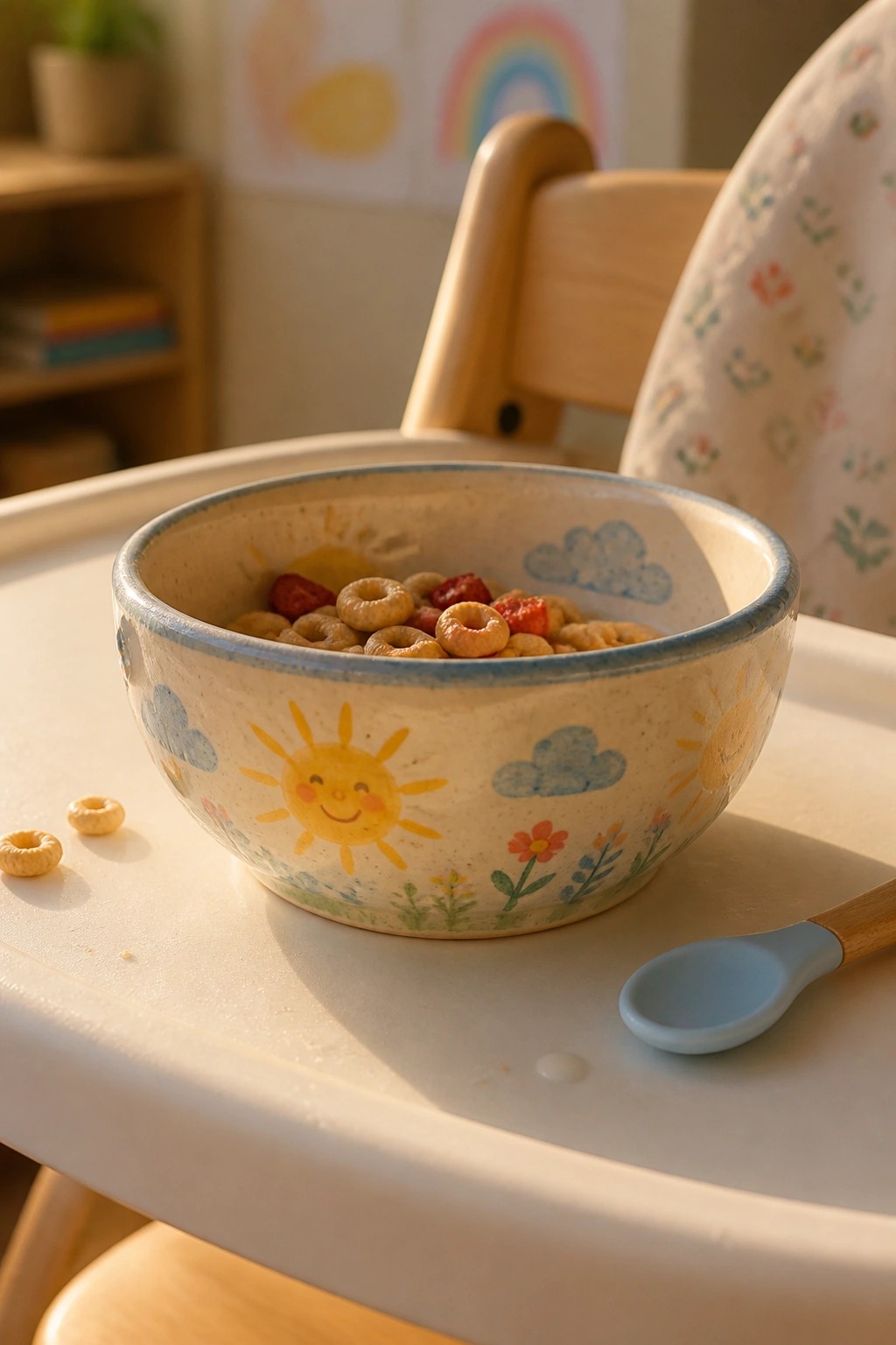 Smiling sun bowl with cereal and strawberries on high chair tray near blue spoon