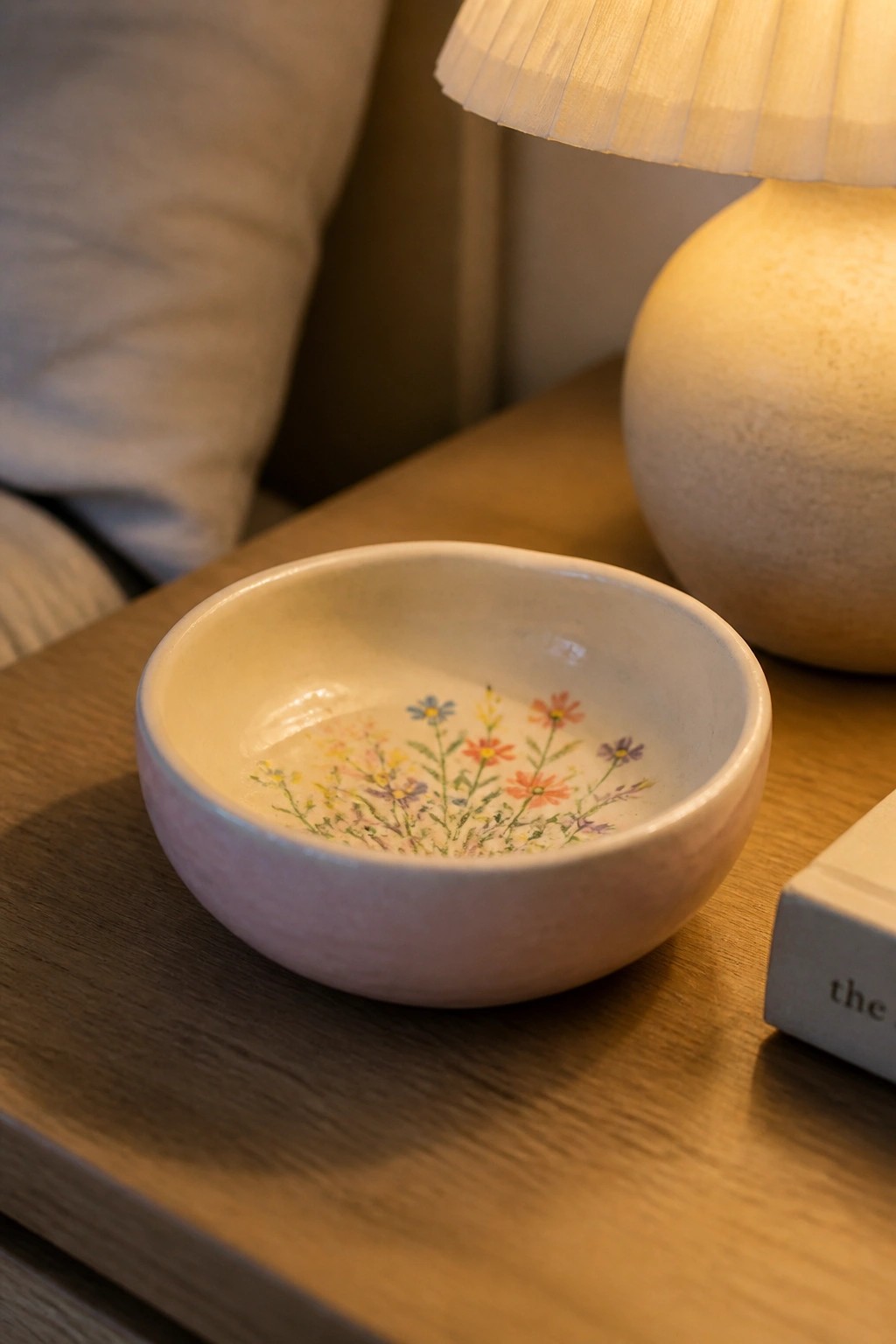 Pink ceramic bowl with wildflowers beside glowing lamp on wooden table