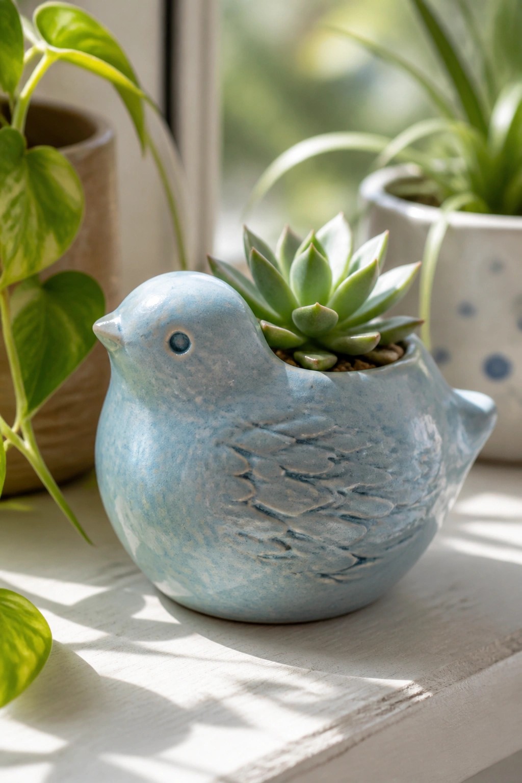 Blue ceramic bird planter with green succulent on sunny white windowsill.