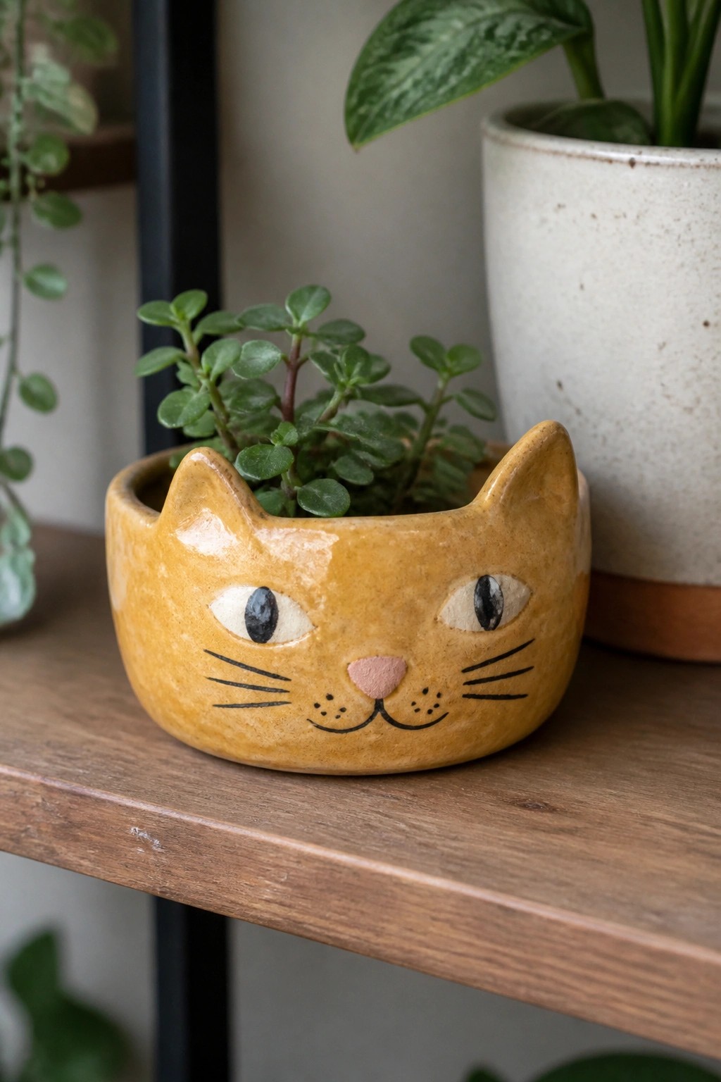 Yellow ceramic cat-shaped planter with small green plant on wooden shelf