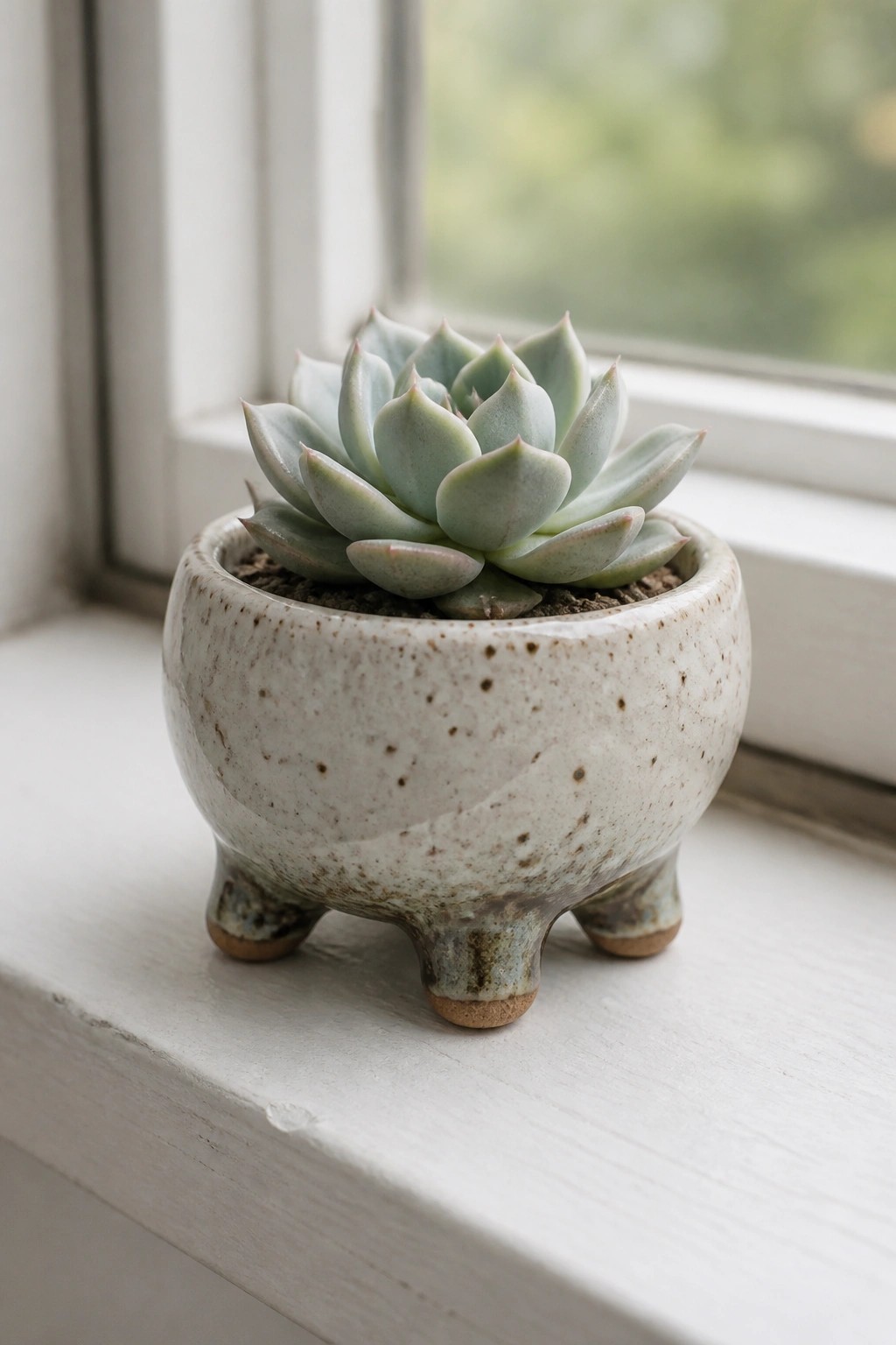 Pale green succulent in speckled three-legged ceramic pot on white windowsill