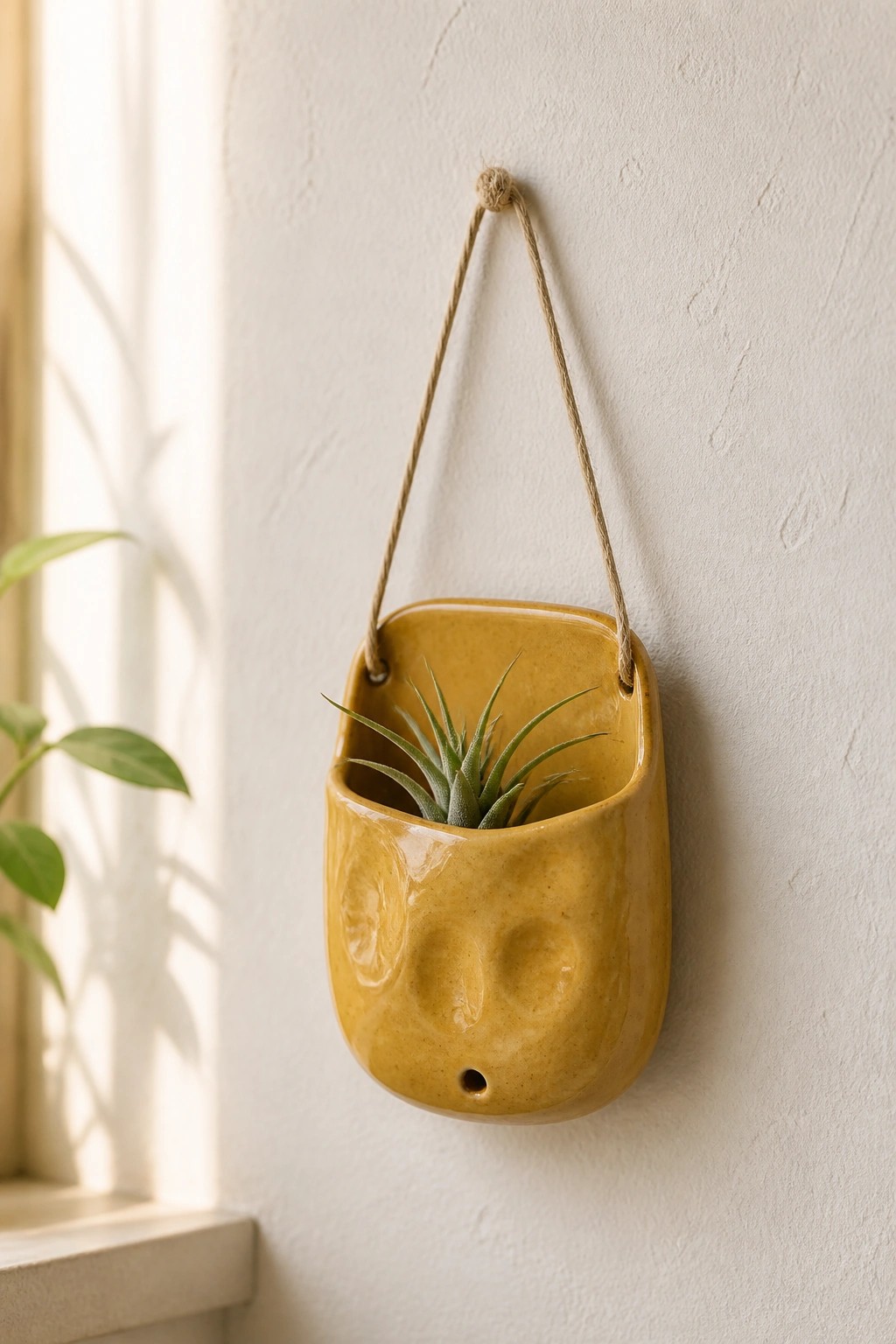 Yellow ceramic hanging planter with air plant on white wall near window