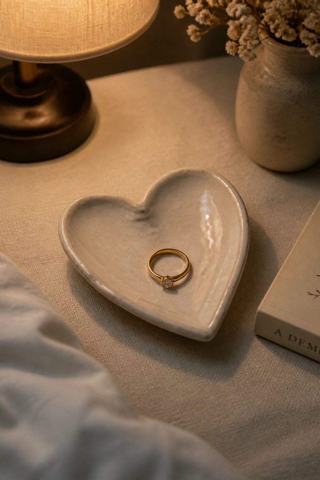 Gold ring with diamond in white heart-shaped ceramic dish under warm lamp light