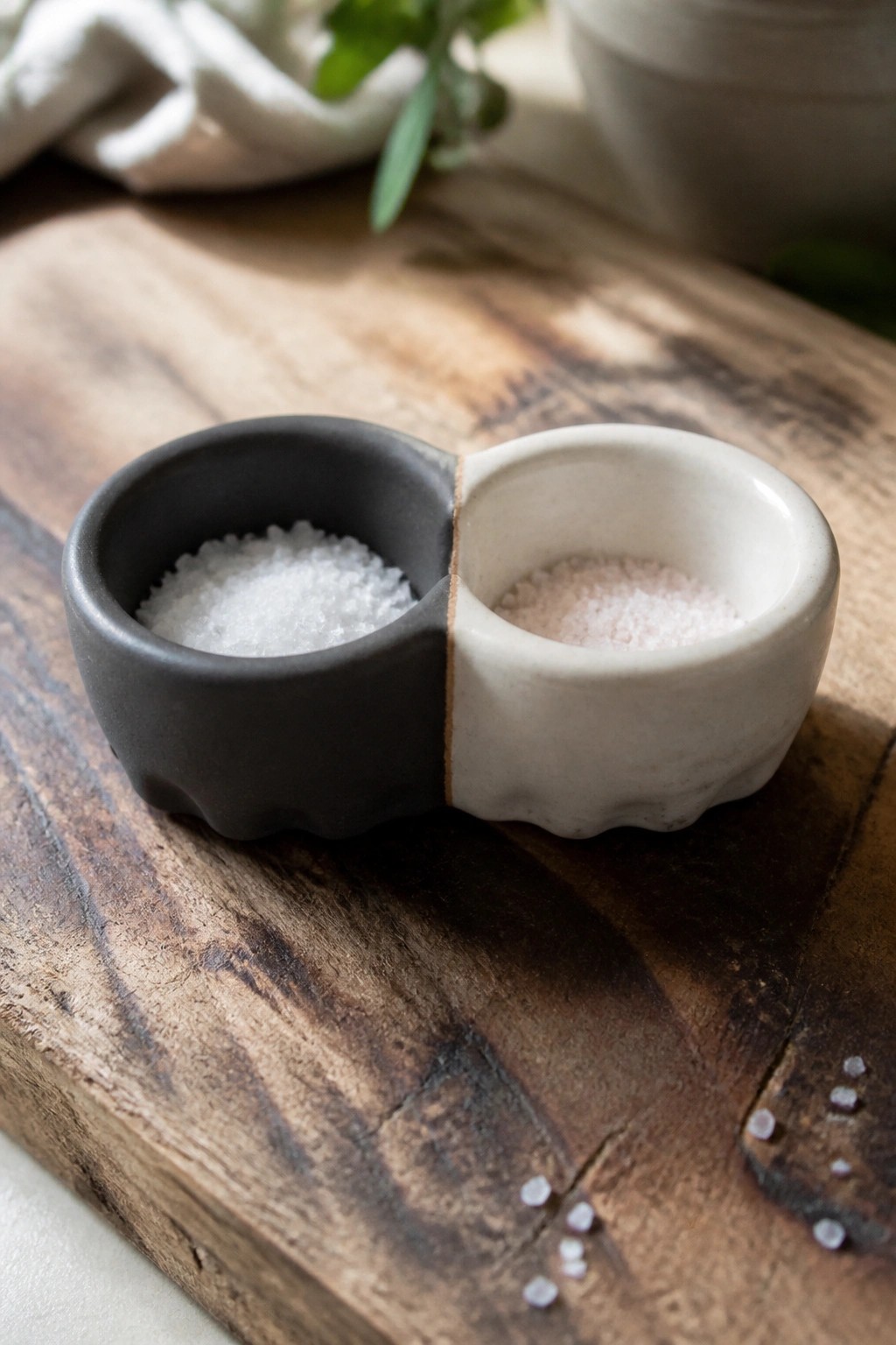 Divided ceramic dish with white and pink salt on rustic wooden board