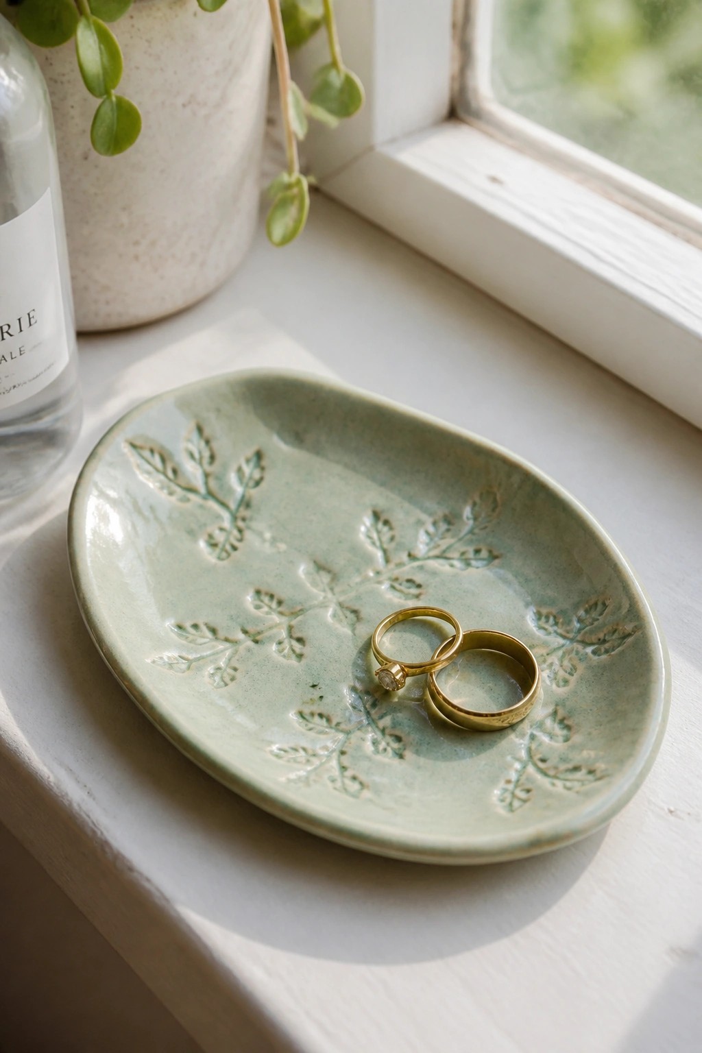 Two gold rings in a sage green ceramic leaf-embossed dish on a windowsill
