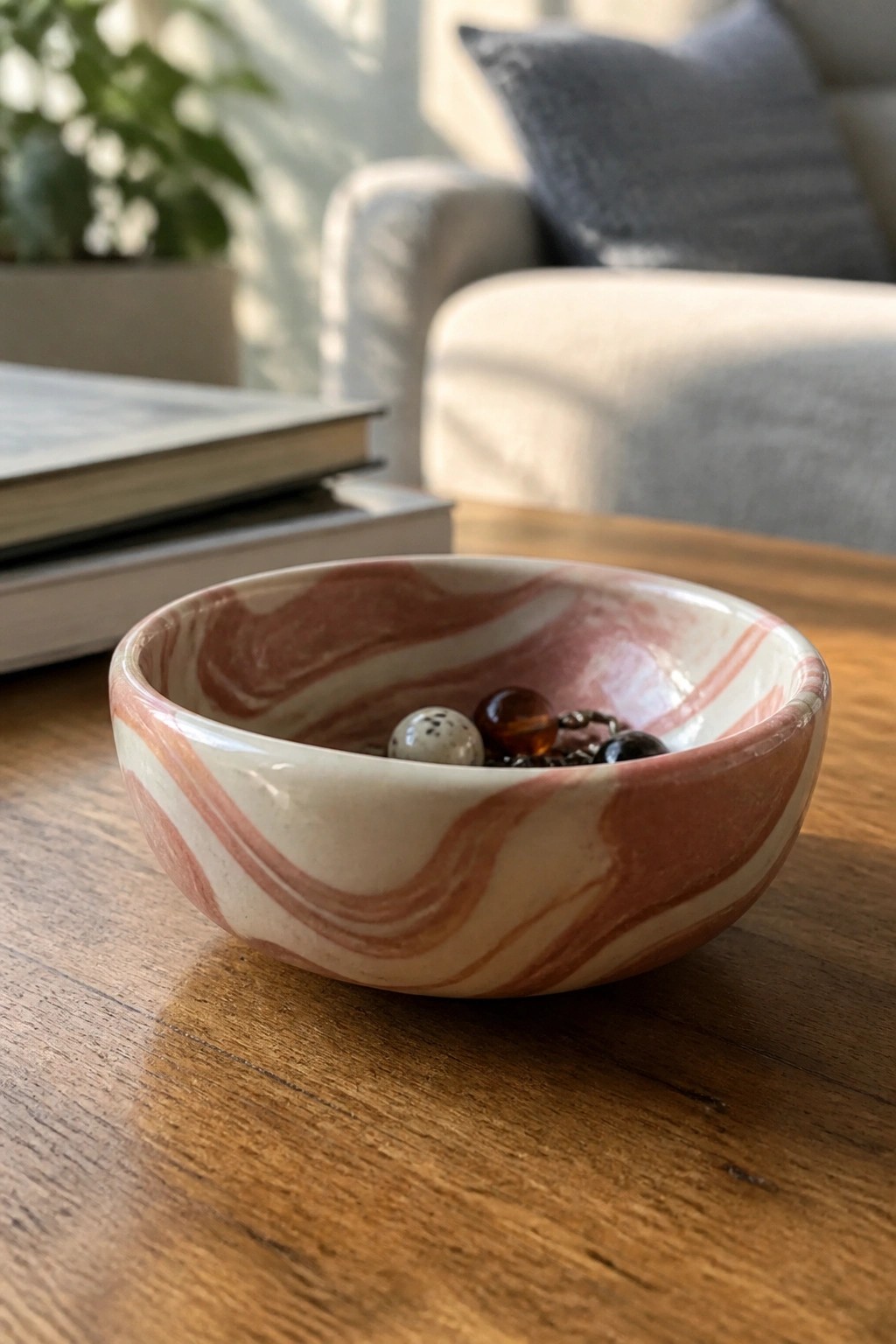 Swirling pink and white marbled bowl holding beads on a wooden table