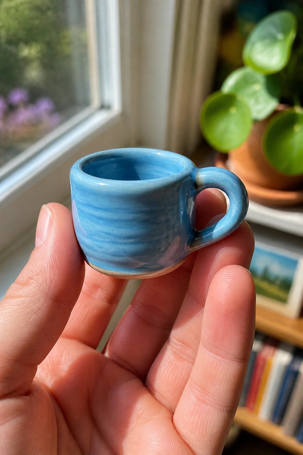 Hand holding small blue glazed ceramic espresso cup near sunny window