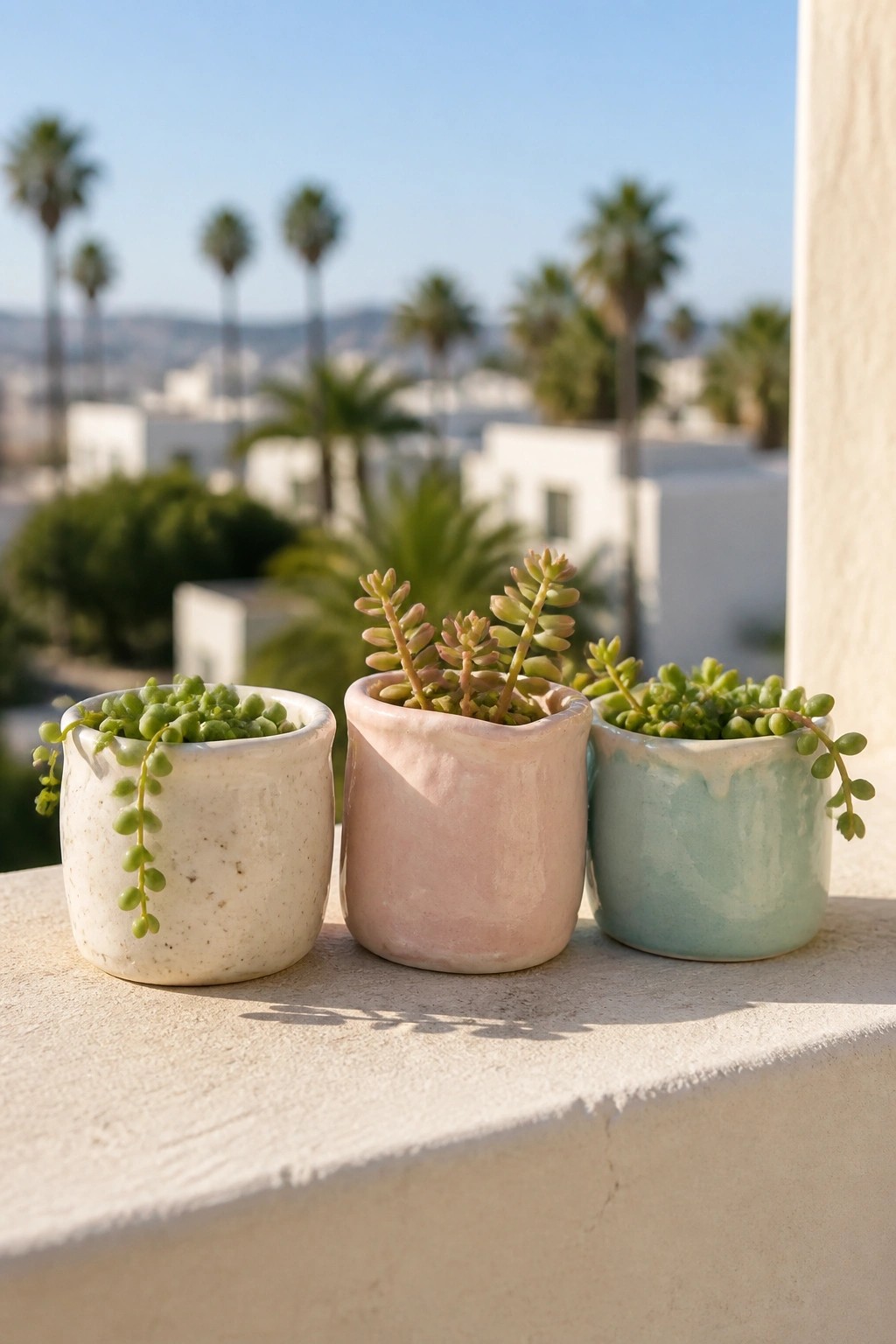 Three succulents in white, pink, and turquoise pots on a sunny concrete ledge