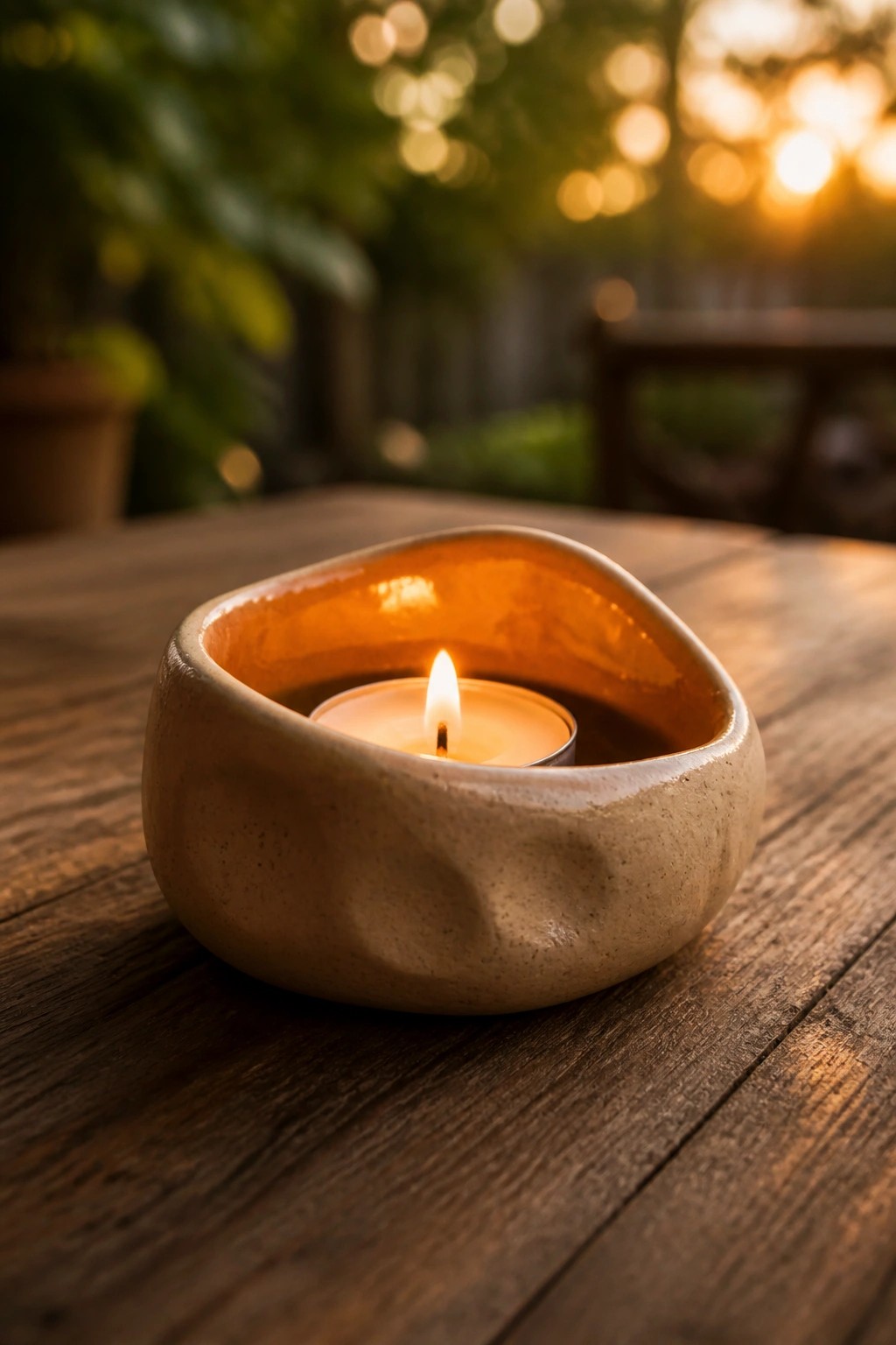Lit candle in textured beige ceramic bowl on wooden table at sunset