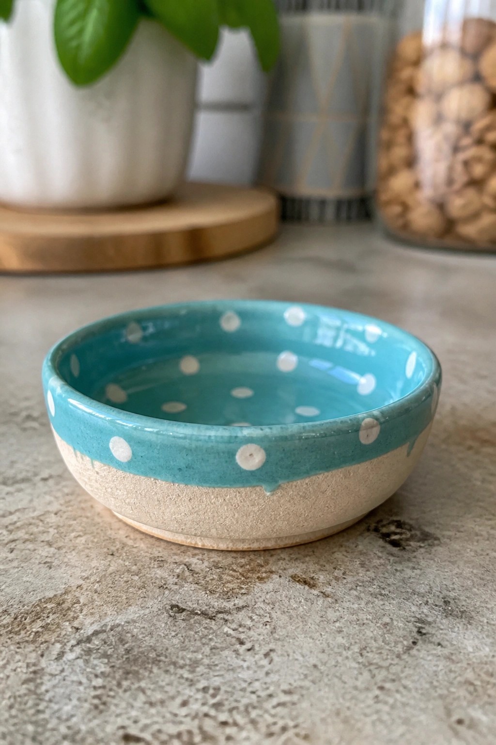 Turquoise polka dot bowl with beige speckled exterior on marble countertop