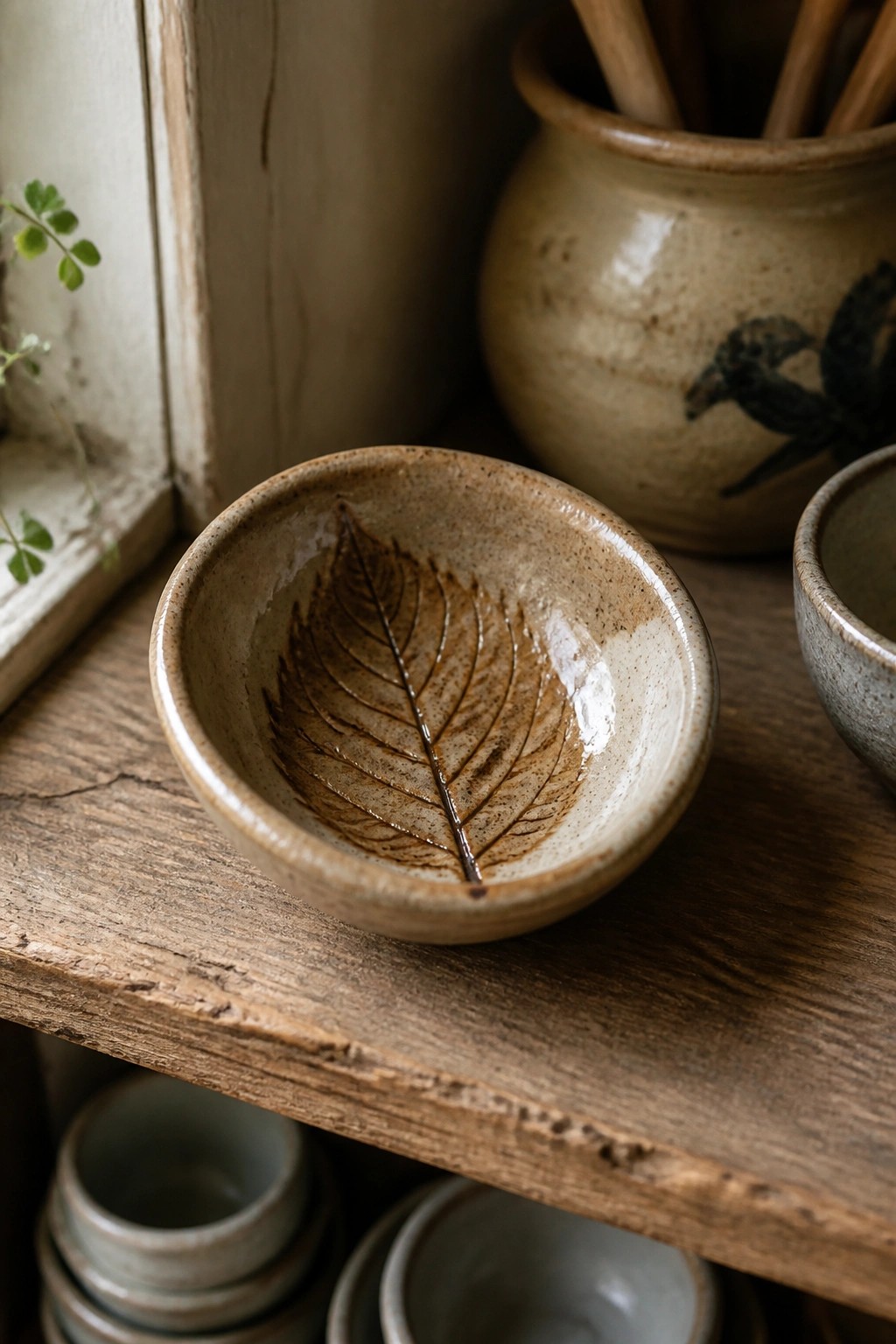 Ceramic bowl with leaf imprint on rustic wooden shelf beside pottery