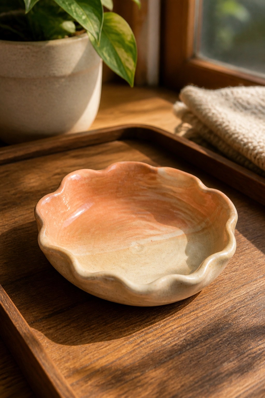 Pink marbled scalloped ceramic bowl on wooden tray near potted plant