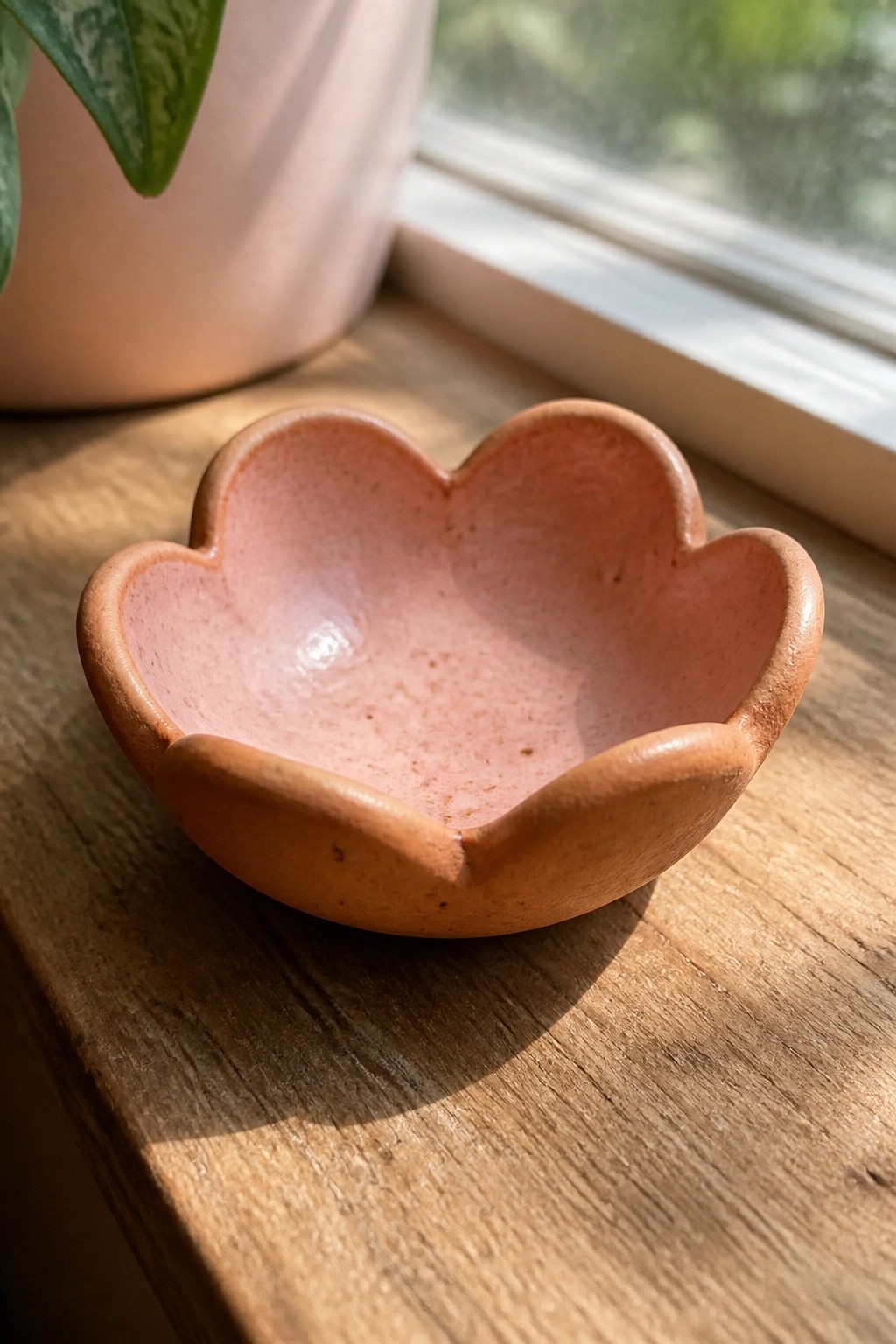 Pink flower-shaped ceramic bowl on wooden windowsill near potted plant