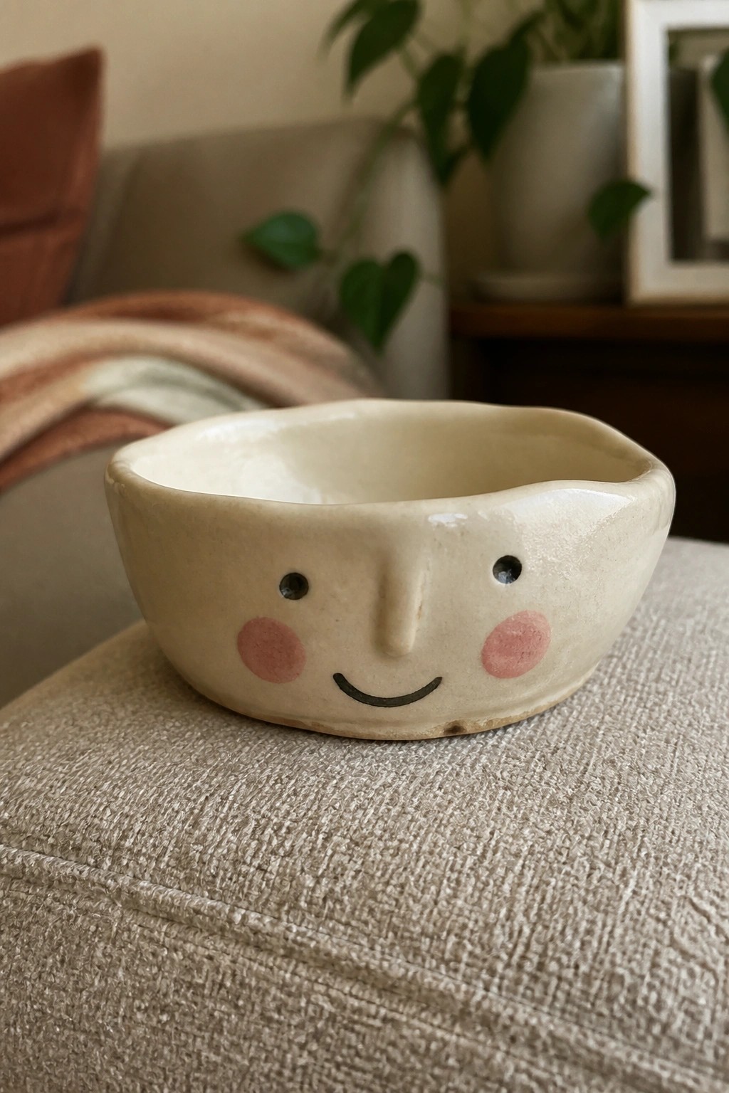 Beige ceramic bowl with smiling face, pink cheeks, and black eyes on textured fabric
