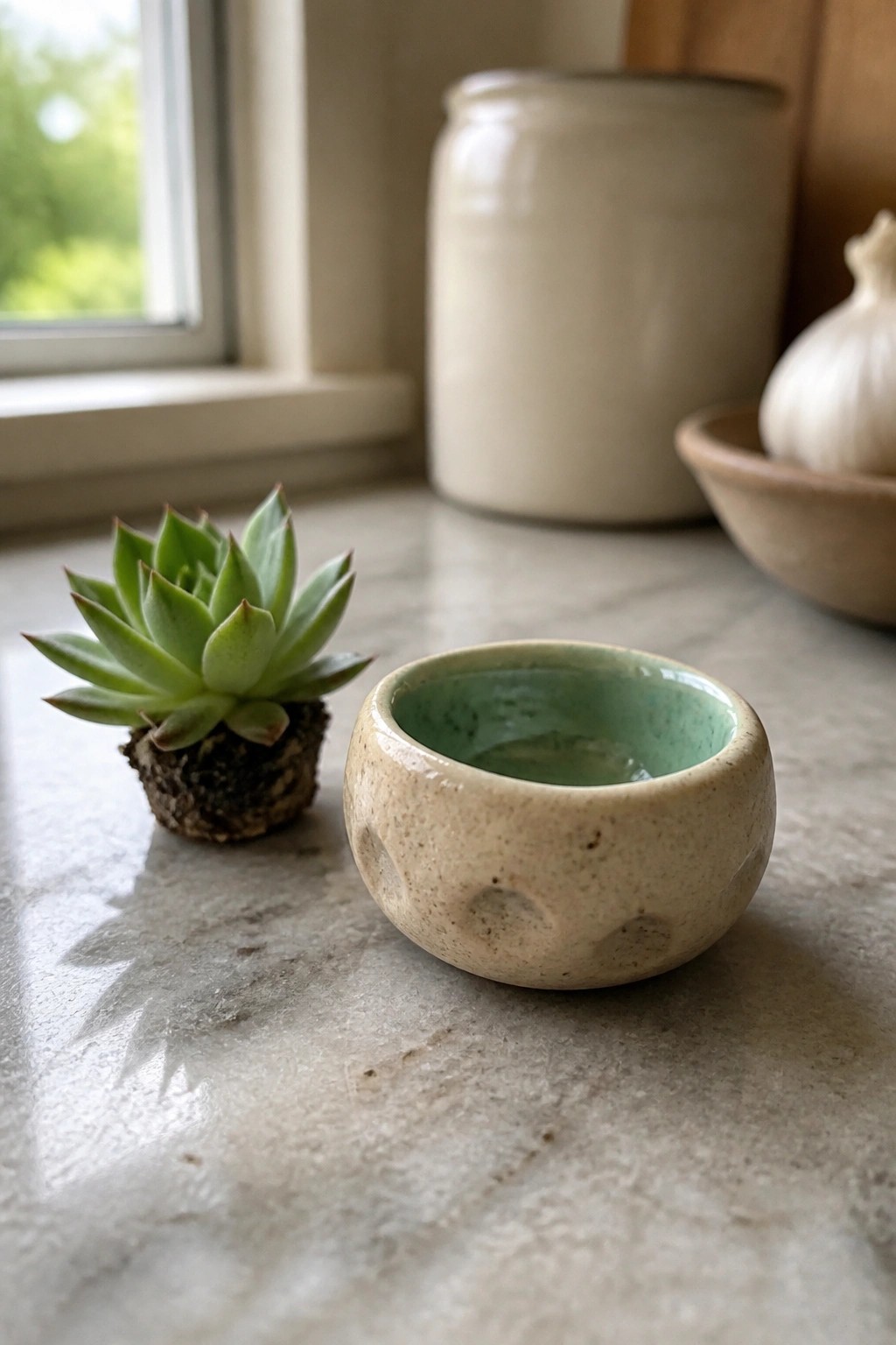 Small green succulent beside turquoise ceramic bowl on marble countertop