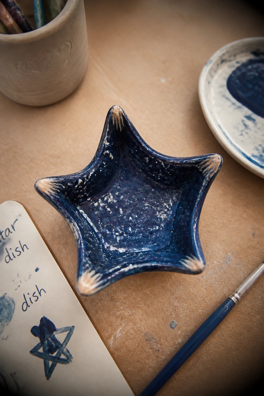 Blue star-shaped ceramic dish beside paintbrush, sketches, and pottery tools on table