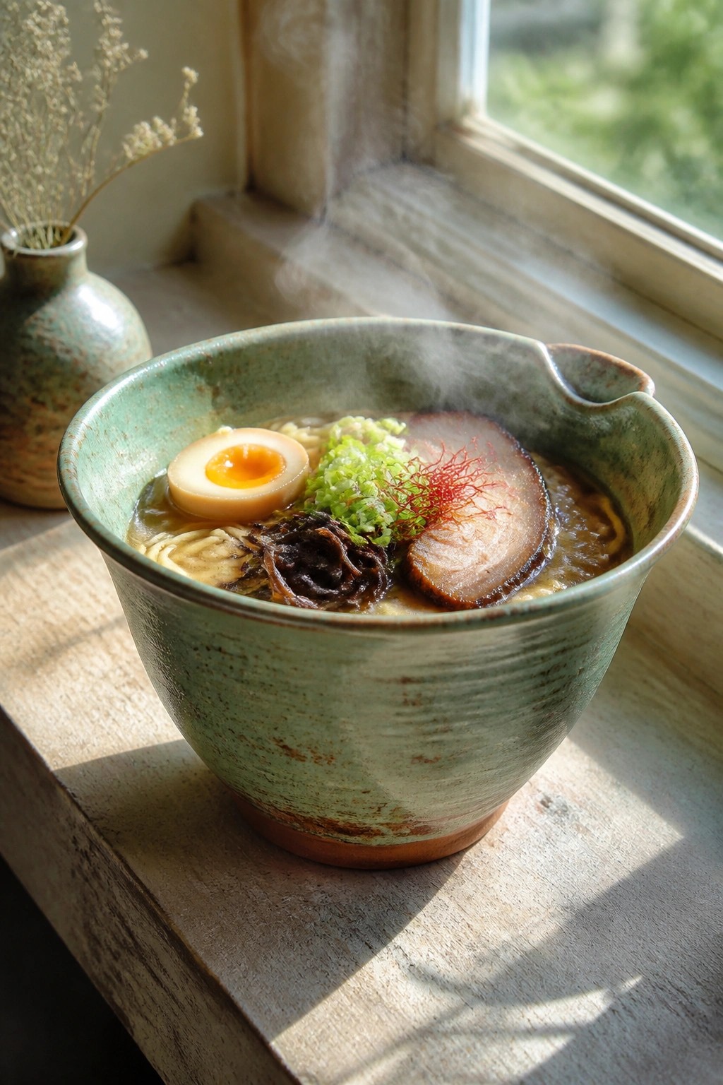 Steaming ramen in green bowl with egg and pork on sunny windowsill beside vase