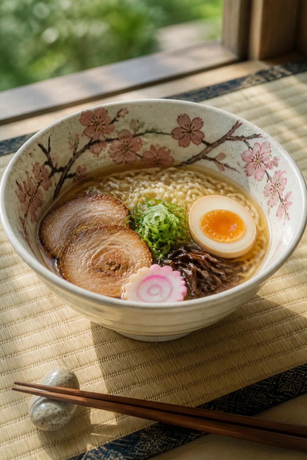 Ramen bowl with pork, egg, and vegetables in cherry blossom patterned dish on mat