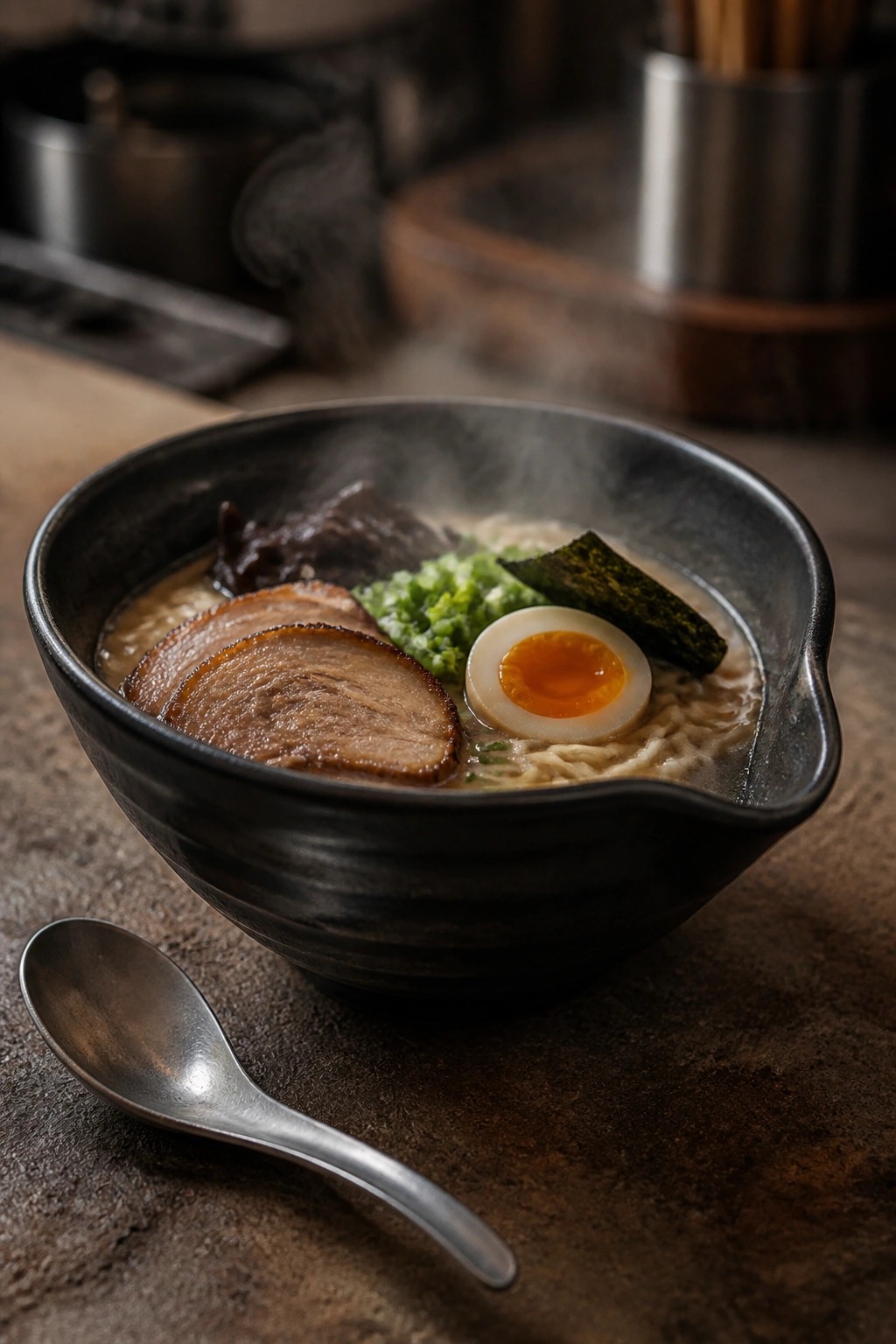 Steaming black bowl of ramen with pork slices, egg, nori, and spoon on wood