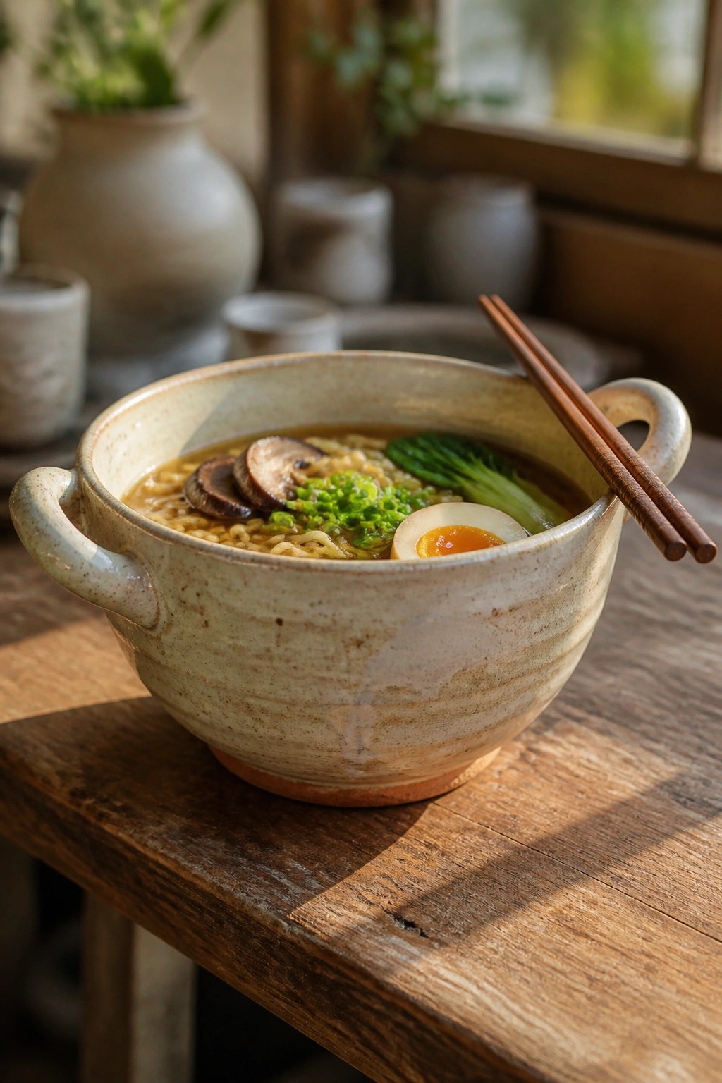 Rustic ceramic bowl of ramen with egg, mushrooms, greens and chopsticks on wood