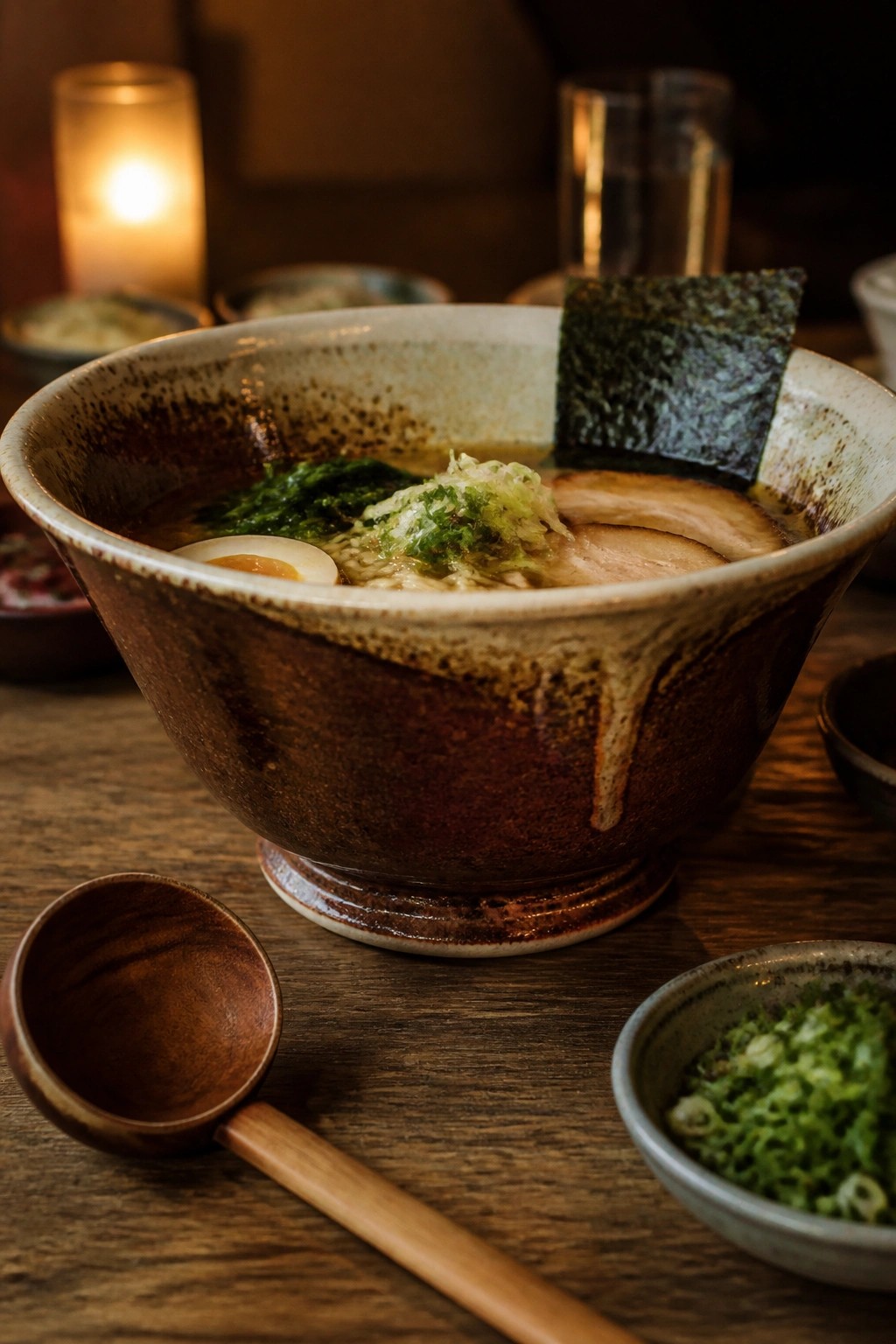 Rustic ramen bowl with pork, egg, nori, and greens beside wooden spoon on table