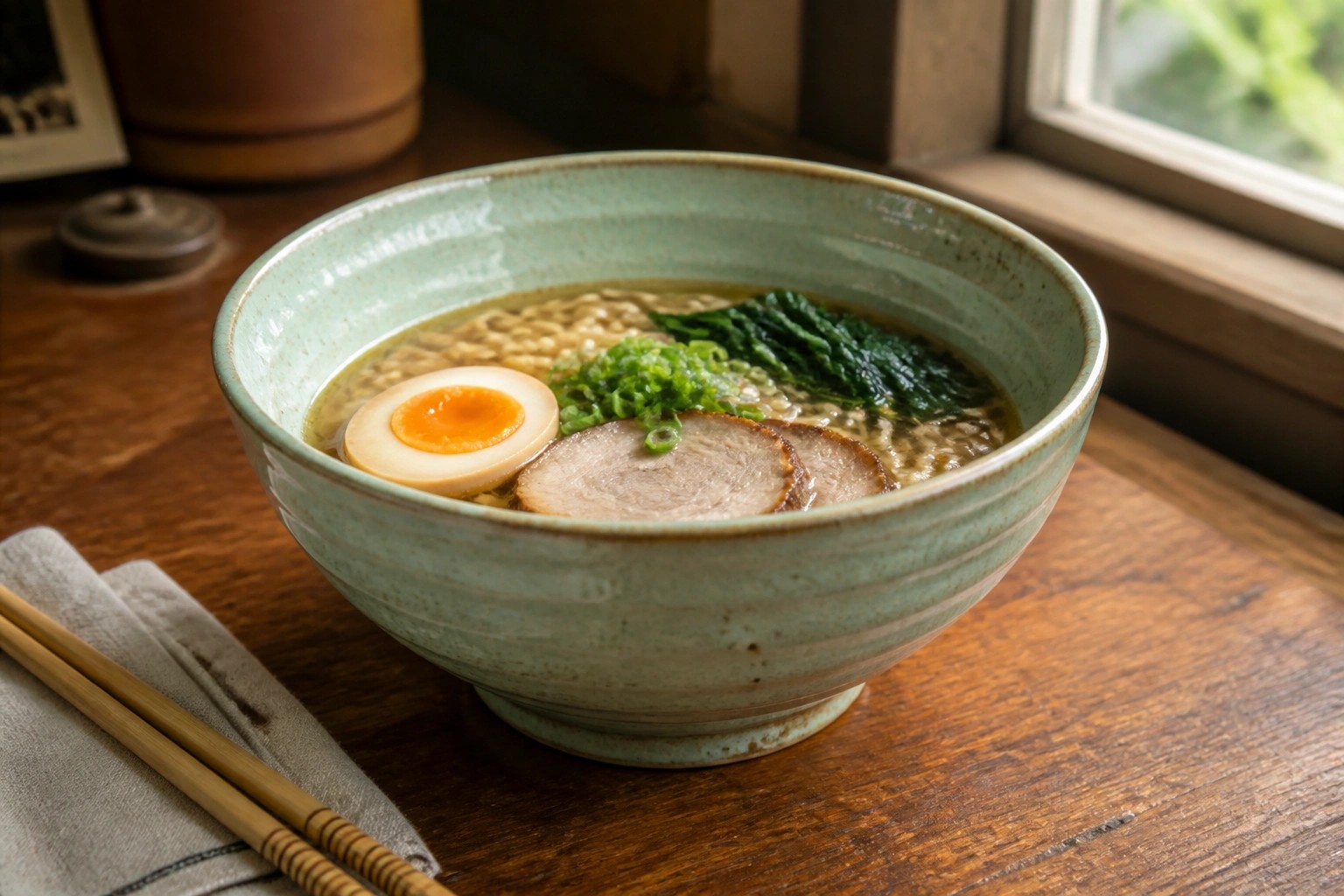 Green ceramic ramen bowl with egg, pork slices, and greens beside wooden chopsticks on table