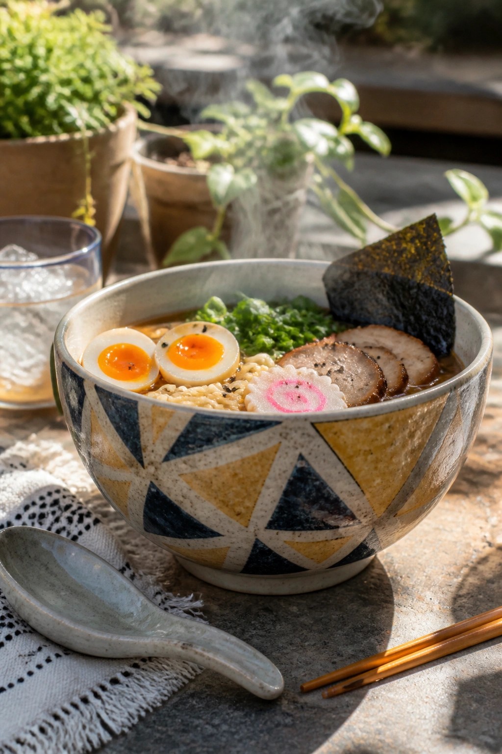 Steaming ramen bowl with eggs, pork, nori in geometric patterned ceramic dish