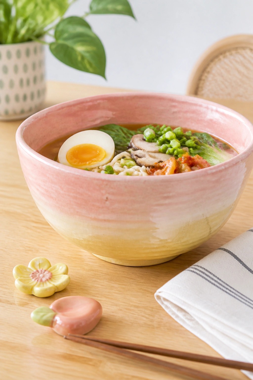 Pink and yellow bowl of ramen with egg, mushrooms, and greens on wooden table