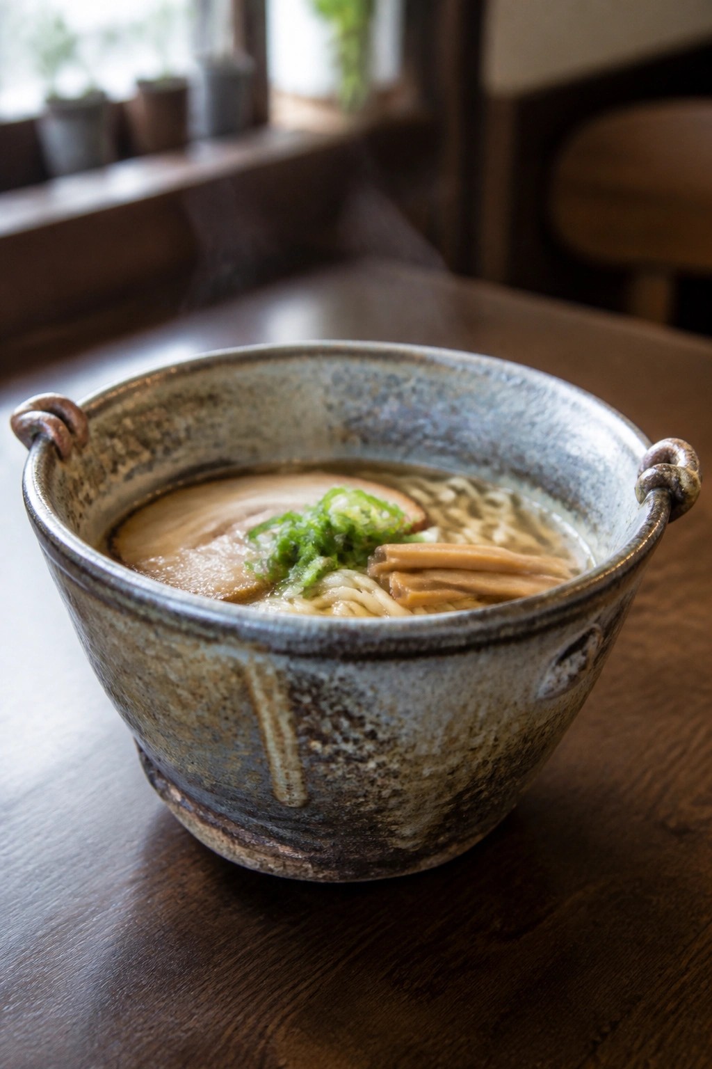 Steaming ramen bowl with pork, noodles, and green onions in rustic ceramic dish