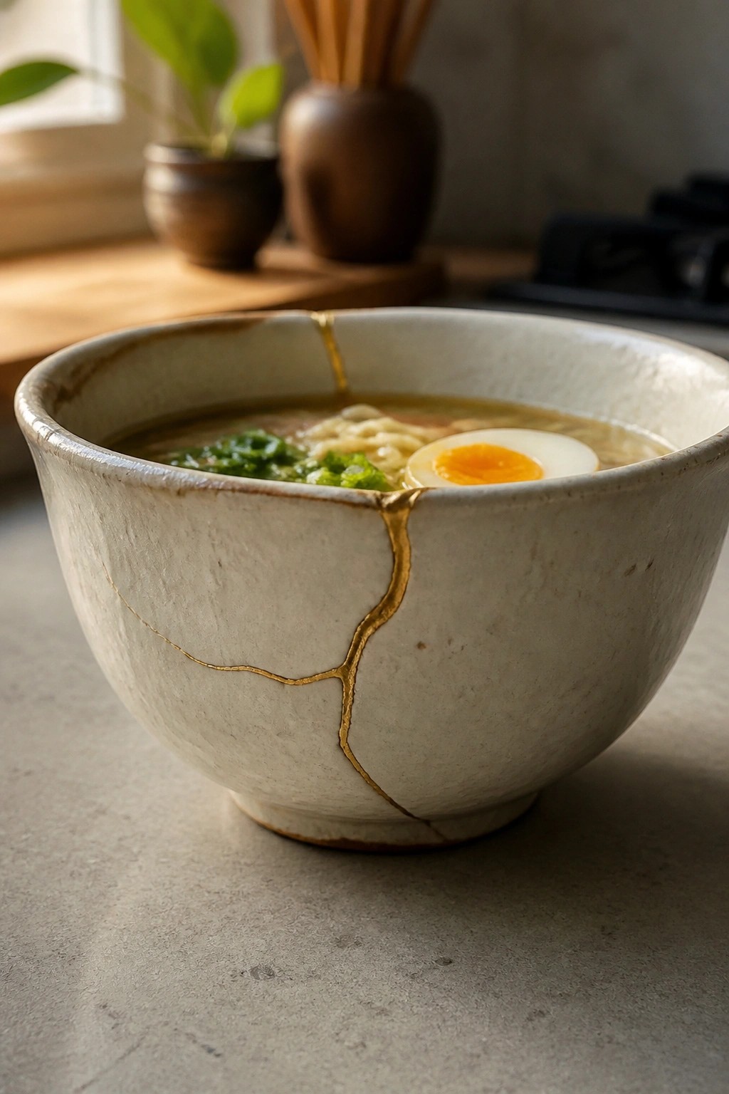 Kintsugi bowl of ramen with noodles, egg, and greens on kitchen counter