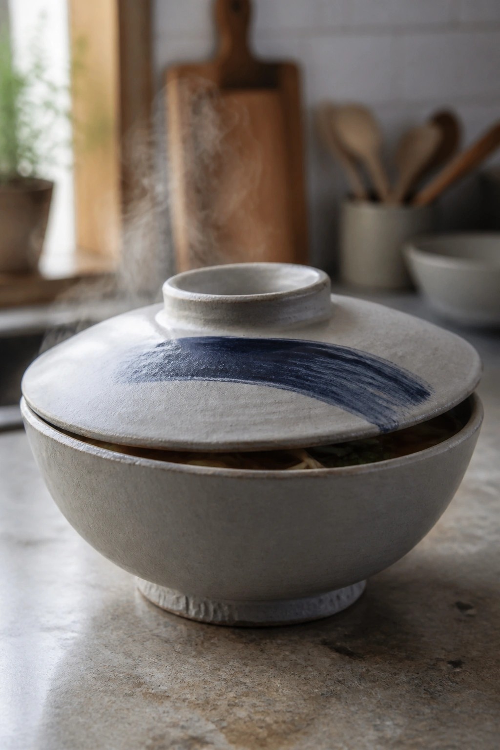 Lidded ceramic bowl with blue brushstroke, steam rising in kitchen.