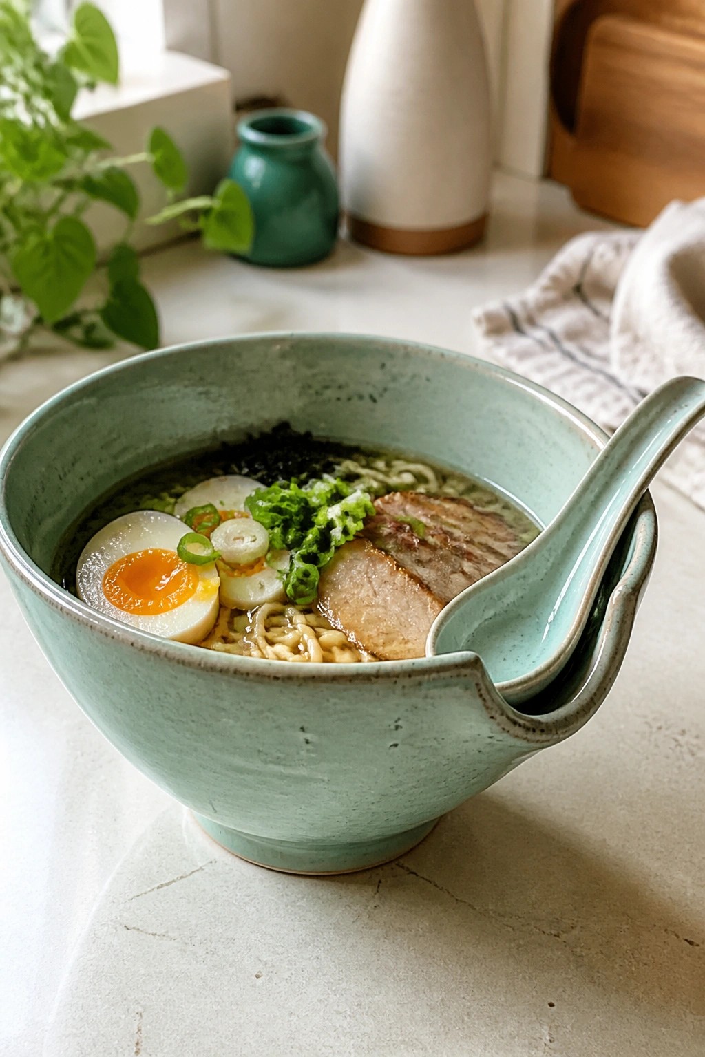 Ramen in turquoise bowl with soft-boiled egg, pork slices, and green onions